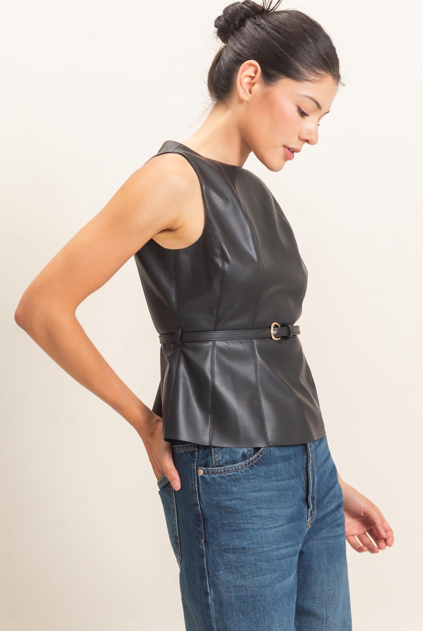 Wholesale Sleek Faux Leather Belted Top Clothing Tops HF26E543 BLACK HYFVE