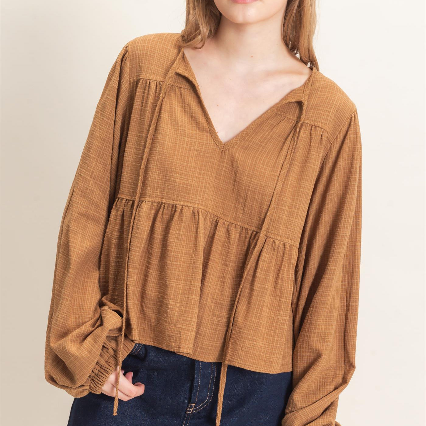 Wholesale Tie Front Peplum Blouse Blouses HF26F065 BROWN HYFVE