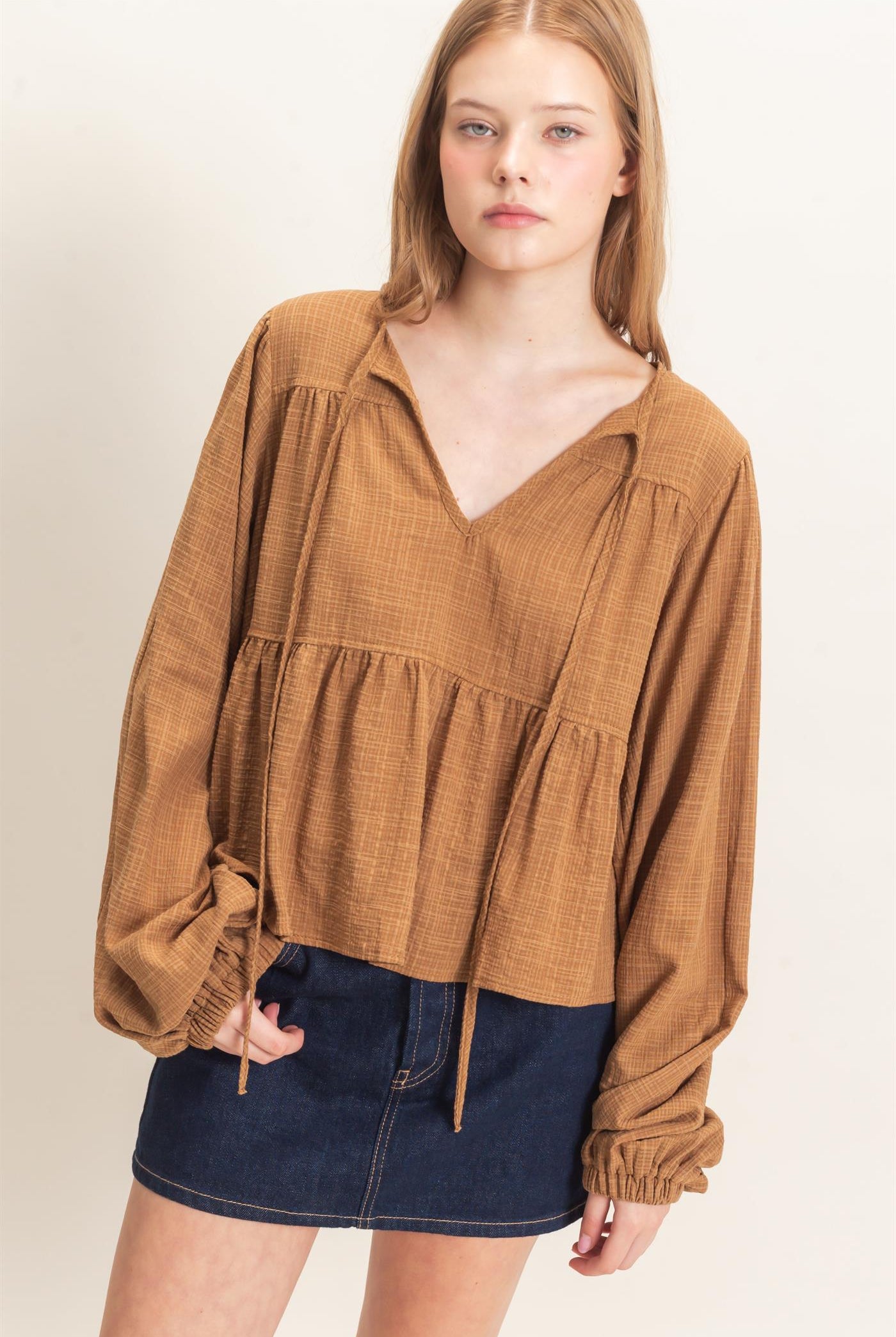 Wholesale Tie Front Peplum Blouse Blouses HF26F065 BROWN HYFVE