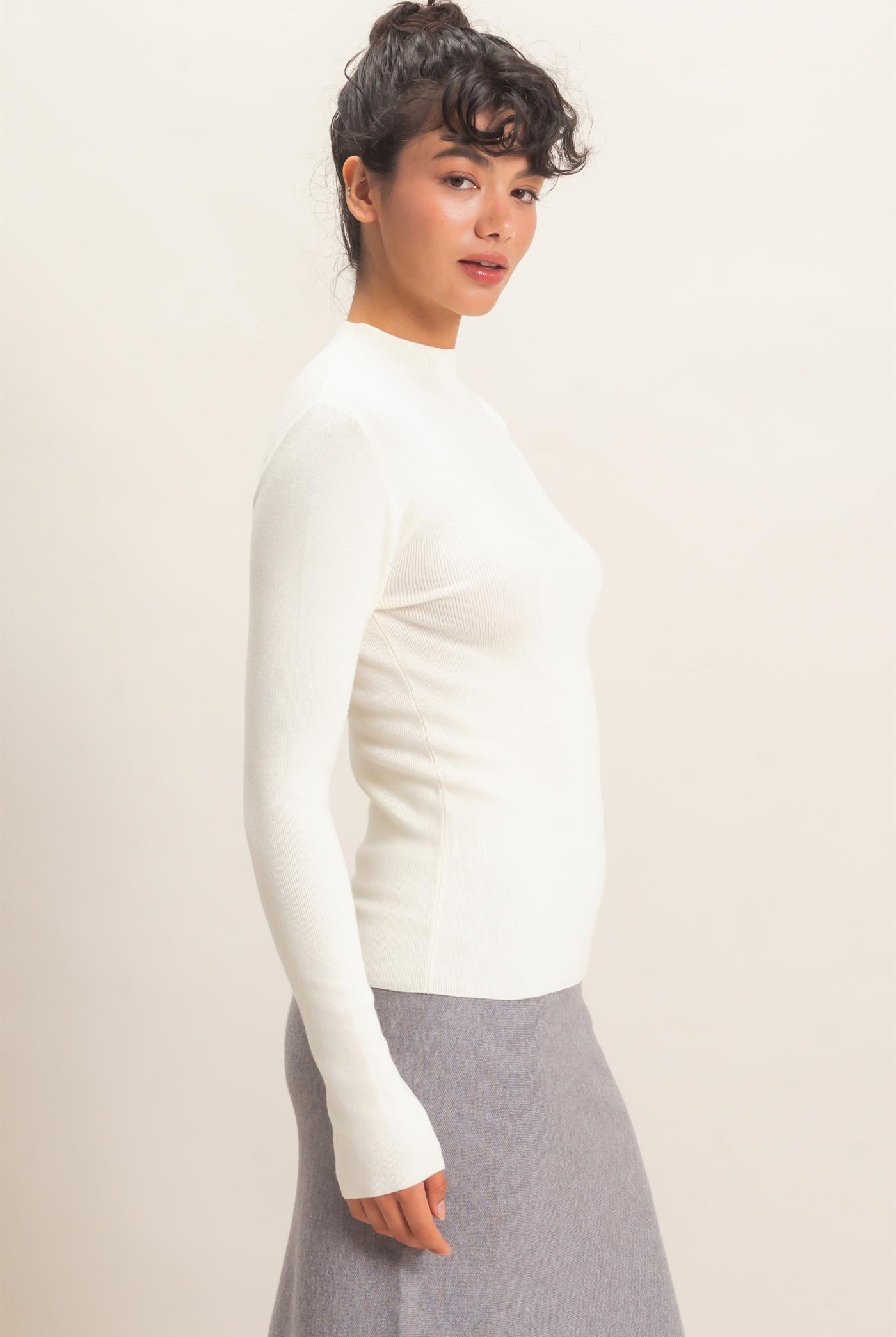 Wholesale Ribbed Mock Neck Long Sleeve Knit Top Clothing Tops DZ26F201 WHIP CREAM DOUBLE ZERO