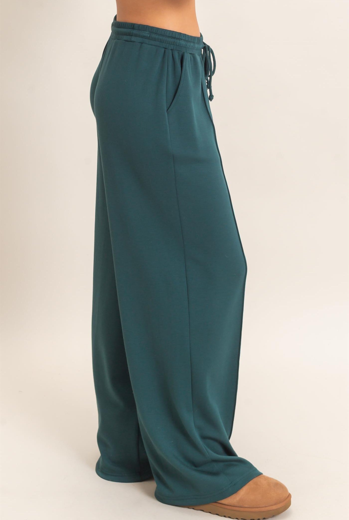 Wholesale Drawstring Waist Pintuck Wide Leg Pants Pants DZ26E384 DEEP GREEN HYFVE