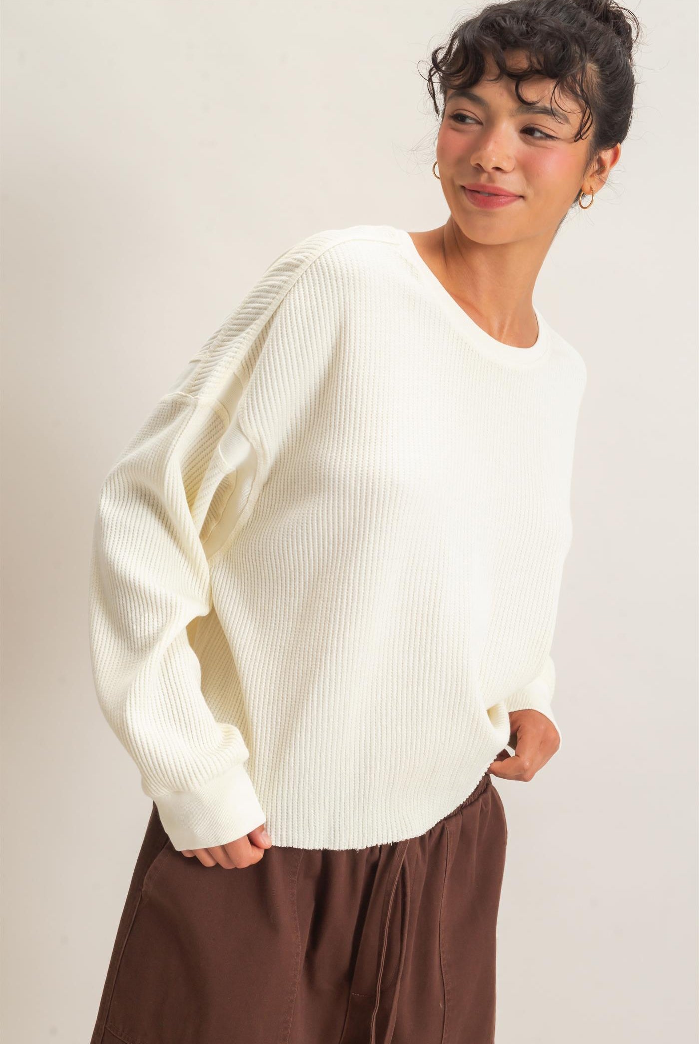 Wholesale Mineral Wash Waffle Open Back Top Clothing Tops DZ26C964 CREAM DOUBLE ZERO