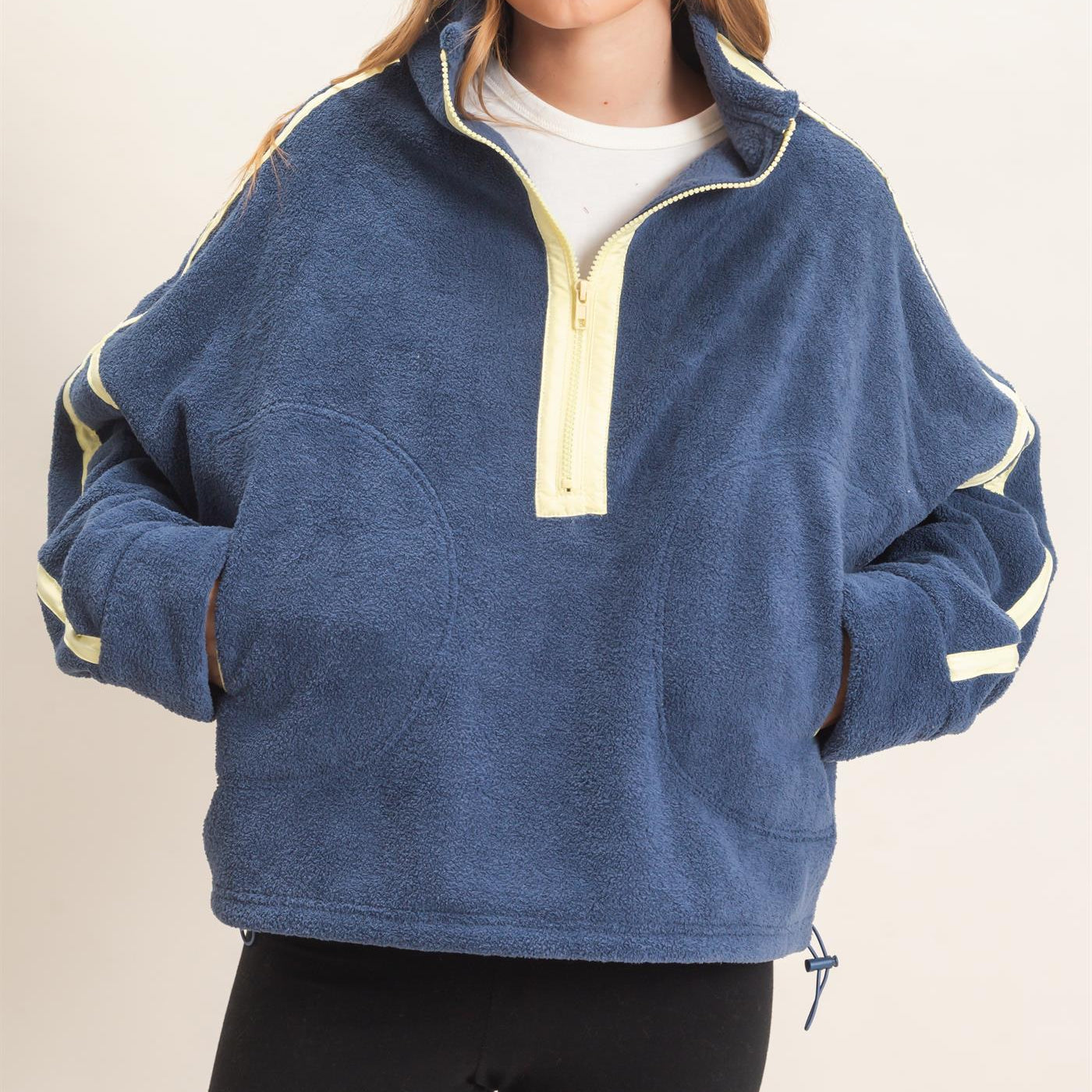 Wholesale Contrast Trim Half-Zip Fleece Pullover Outerwear HF26F206-D NAVY HYFVE