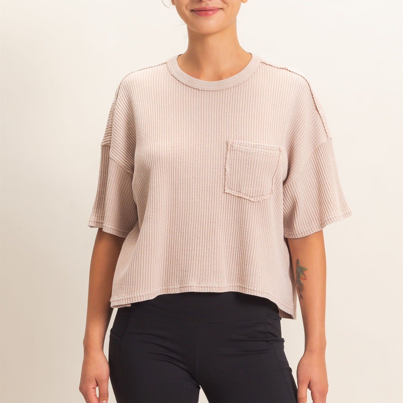 Wholesale Mineral Wash Waffle Knit Pocket Top Clothing Tops DZ26E222 DARK TAUPE DOUBLE ZERO