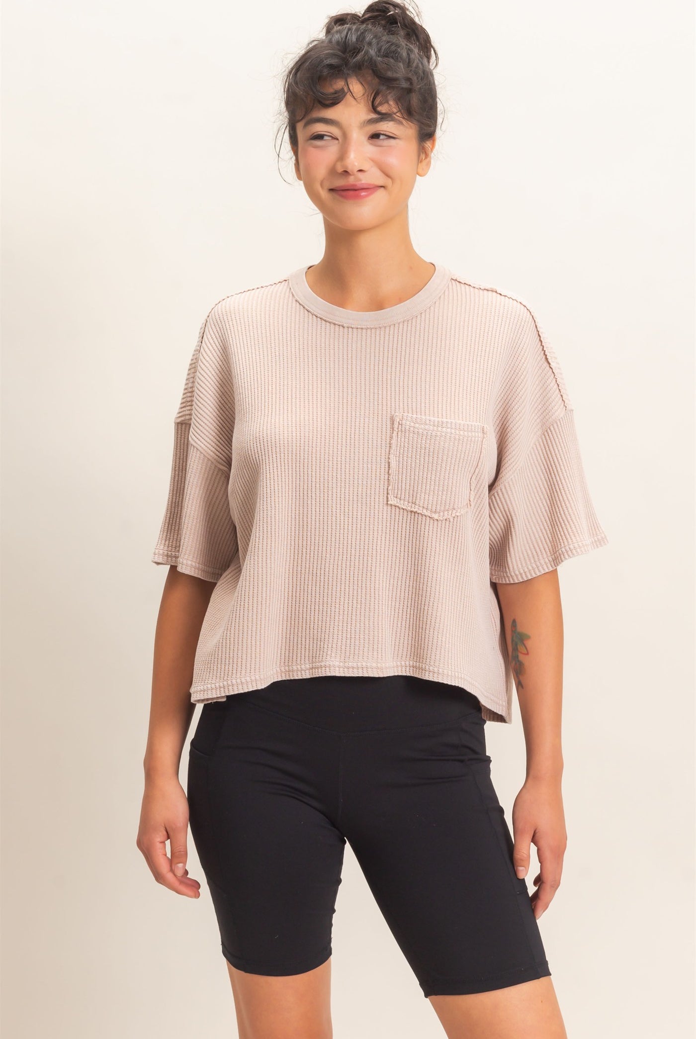 Wholesale Mineral Wash Waffle Knit Pocket Top Clothing Tops DZ26E222 DARK TAUPE DOUBLE ZERO