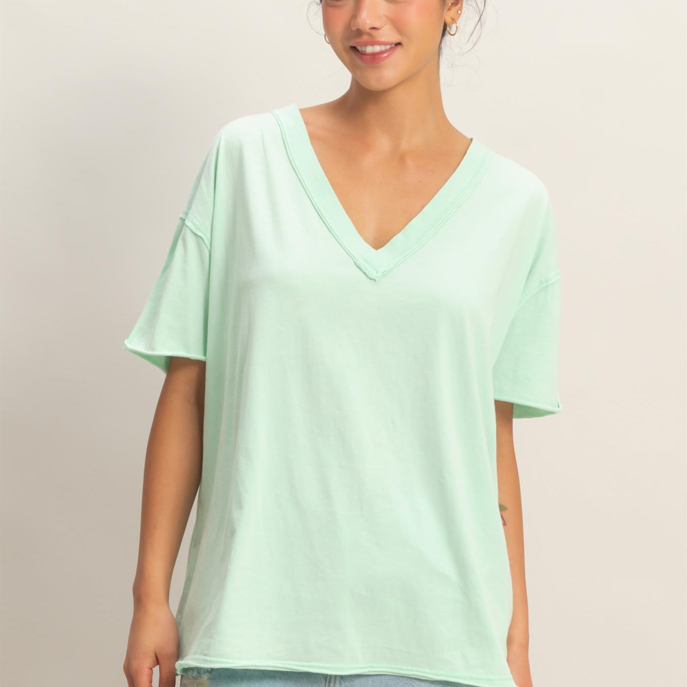 Wholesale Washed V-Neck Oversized Tee Clothing Tops DZ26A760 MINT DOUBLE ZERO