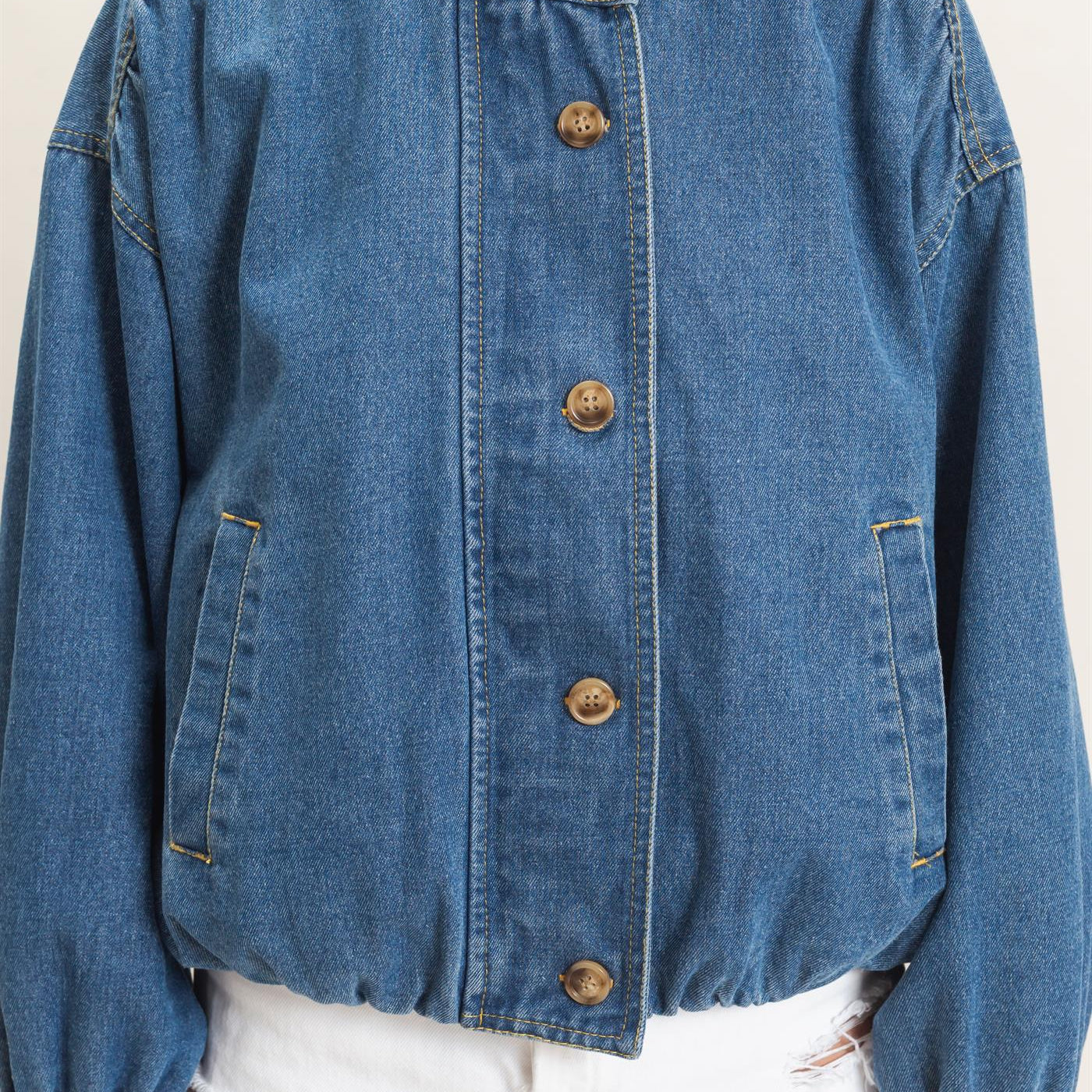 Wholesale High Collar Denim Bomber Jacket Coats & Jackets HF26E090-D LIGHT DENIM HYFVE