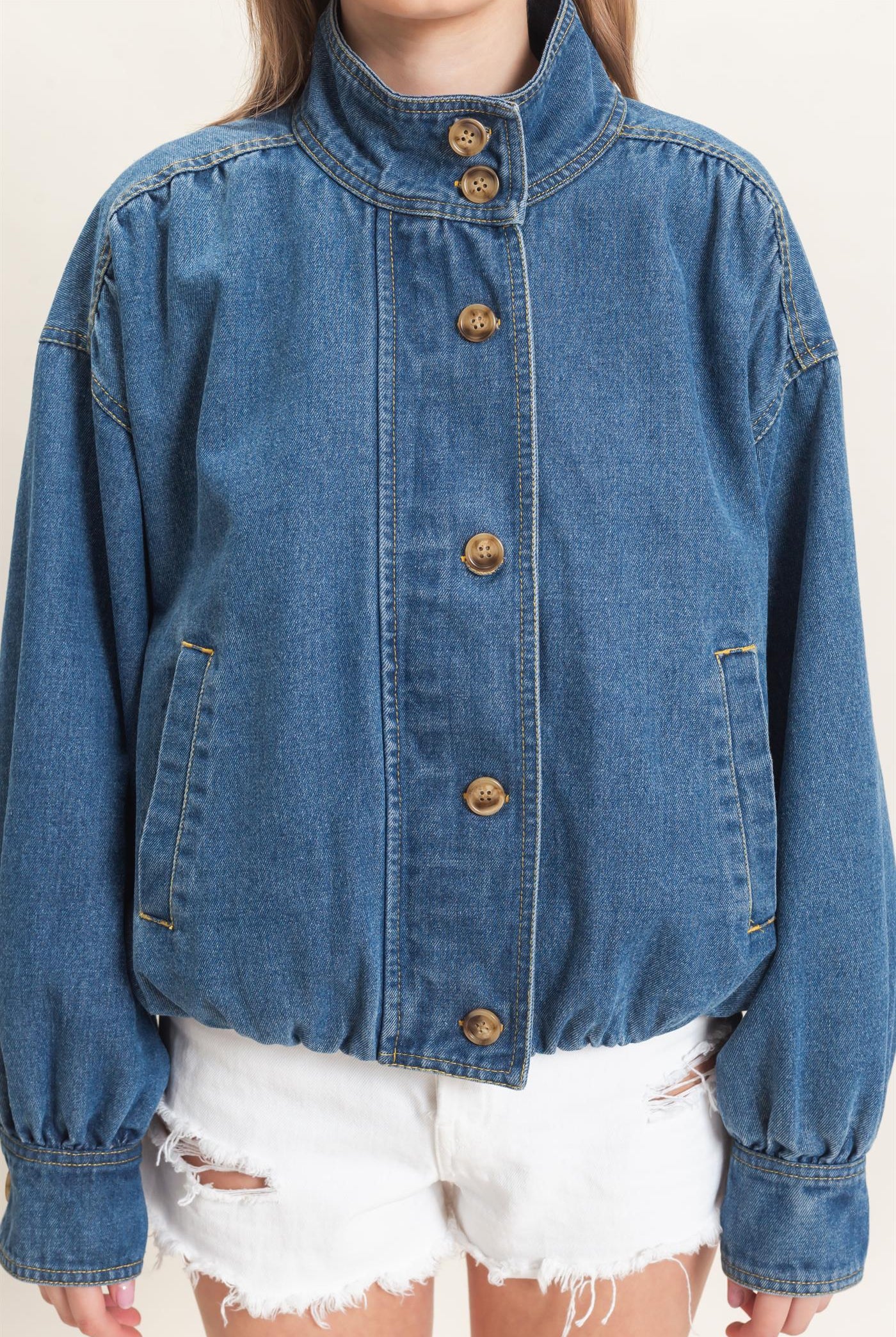 Wholesale High Collar Denim Bomber Jacket Coats & Jackets HF26E090-D LIGHT DENIM HYFVE
