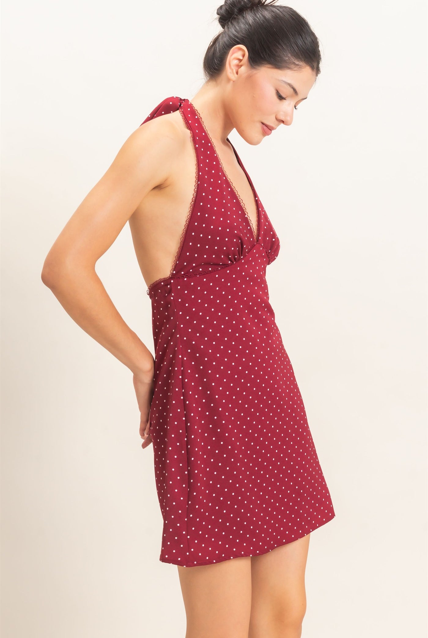 Wholesale Polka Dot Halter Dress Dresses HF26F027 BURGUNDY HYFVE
