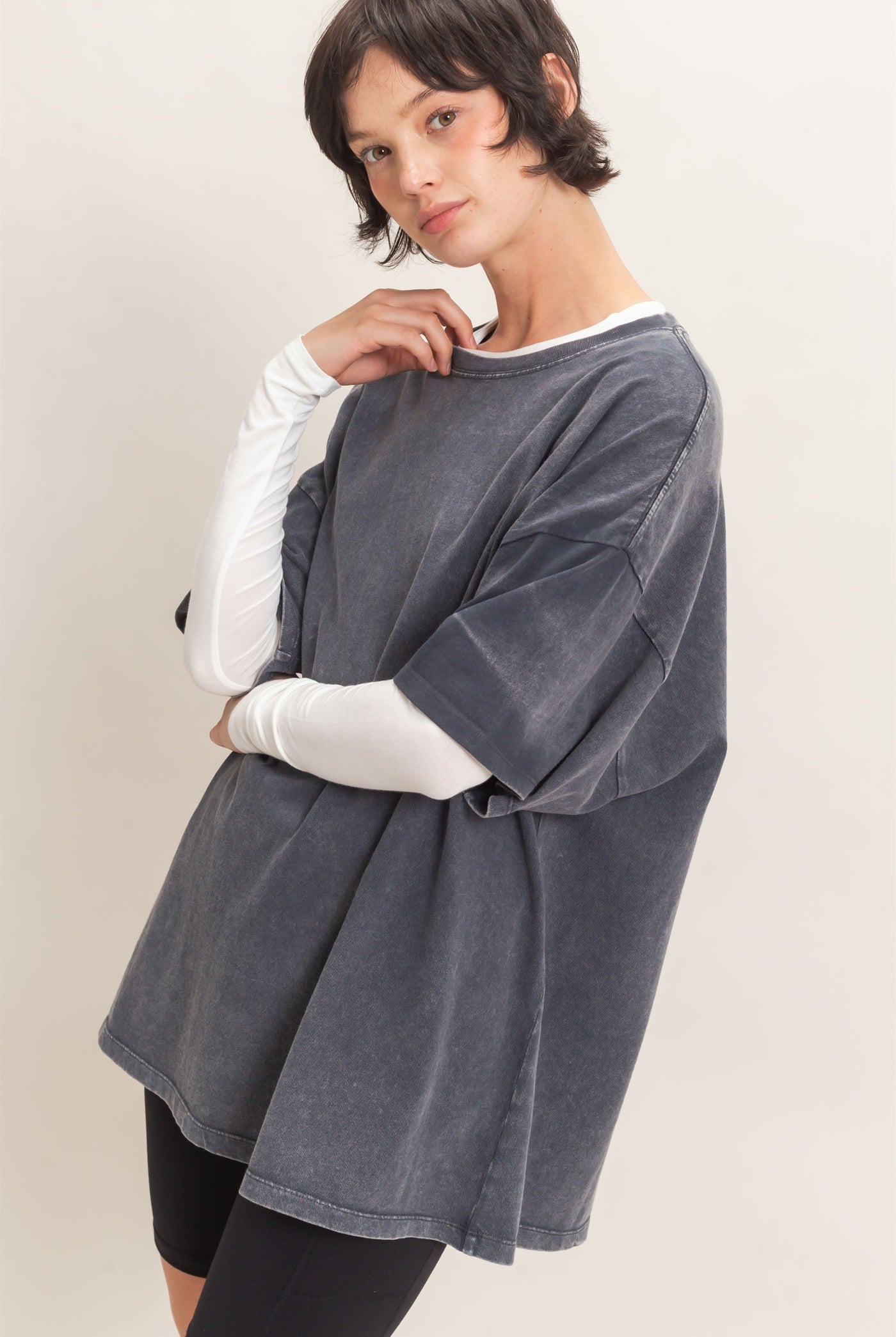 Wholesale Mineral Wash Oversized Crew Neck T-Shirts Clothing Tops DZ26C961 CHARCOAL DOUBLE ZERO