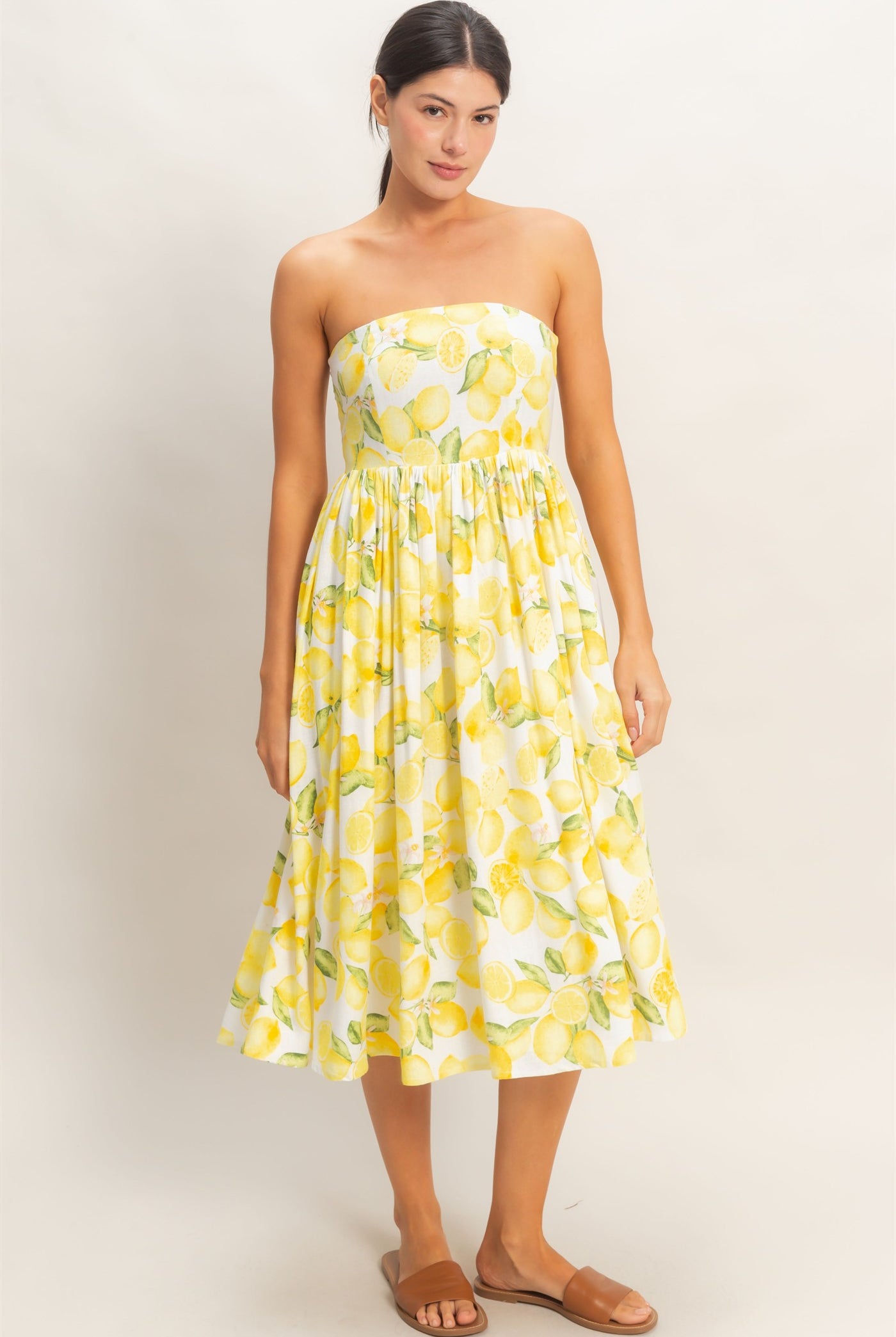 Wholesale Strapless Lemon-Print Midi Dress Dresses HF26C880 LEMON HYFVE