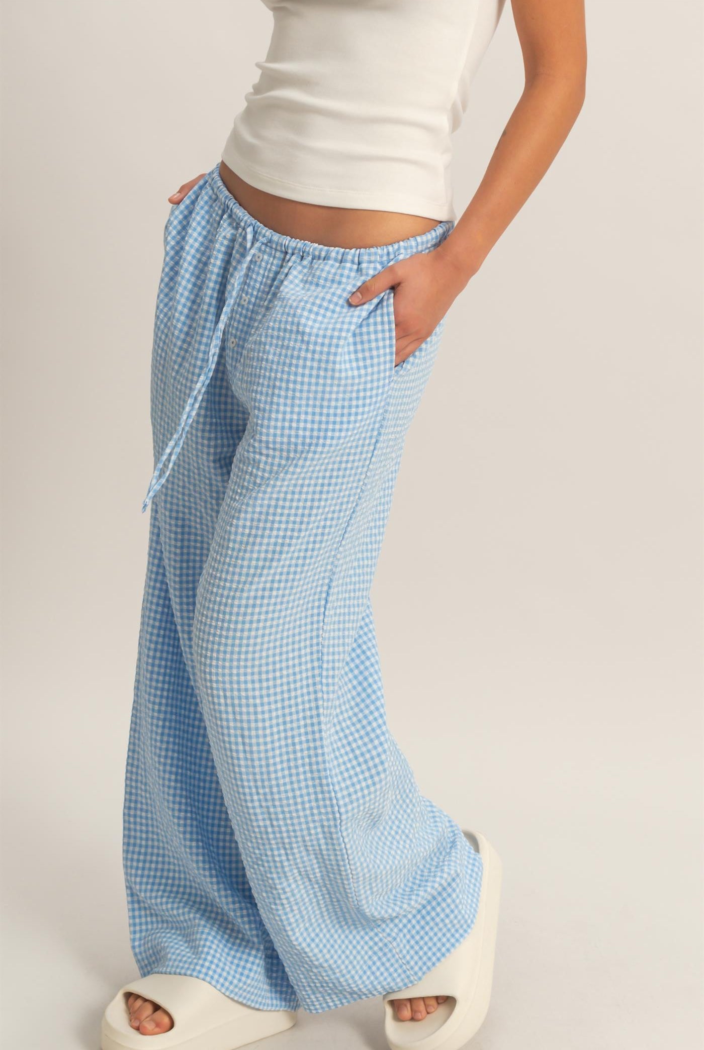 Wholesale Gingham Drawstring Wide-Leg Pants Pants DZ26C202 BLUE DOUBLE ZERO