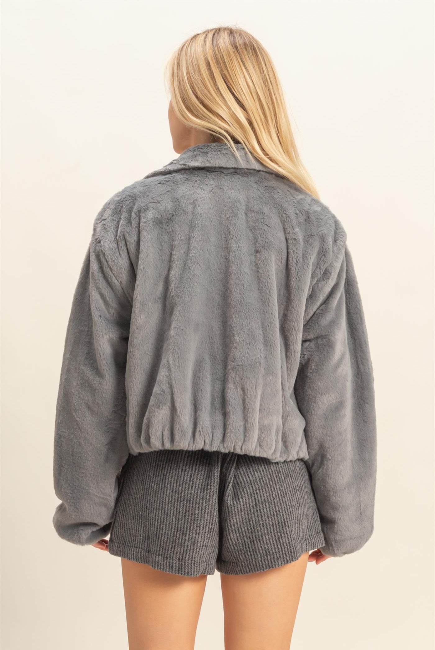 Wholesale Faux Fur Zip Up Jacket With Plush Collar Coats & Jackets HF25E940 GRAY BLUE HYFVE