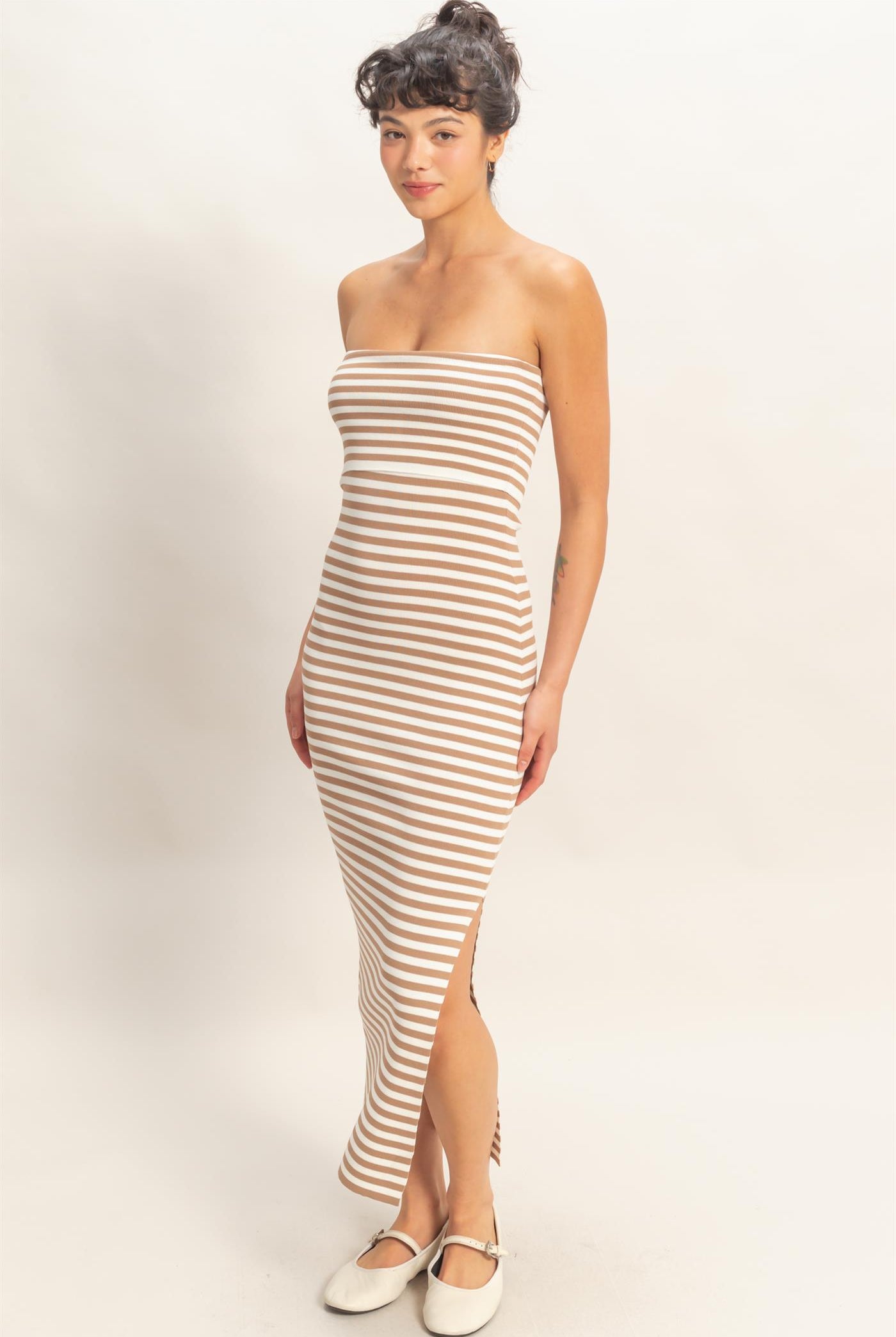 Wholesale Strapless Striped Bodycon Midi Dress Dresses DZ26C336 TAUPE DOUBLE ZERO