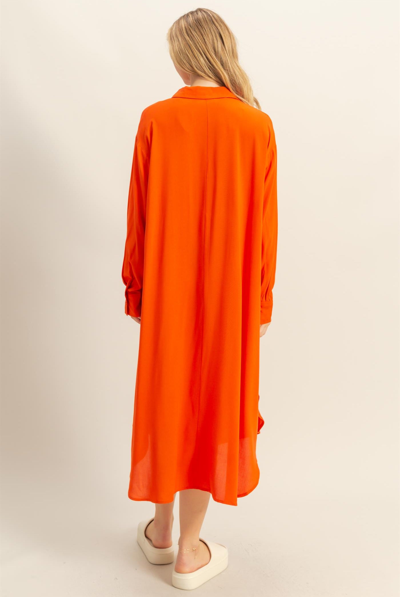 Wholesale V-Neck Long Sleeved Midi Shirts Dress Dresses DZ24E706 TOMATO DOUBLE ZERO