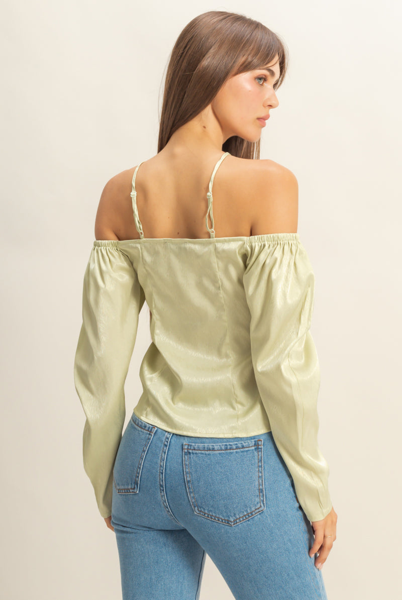 Wholesale Tie-Front Off-Shoulder Blouse Clothing Tops FS22E859 SAGE HYFVE