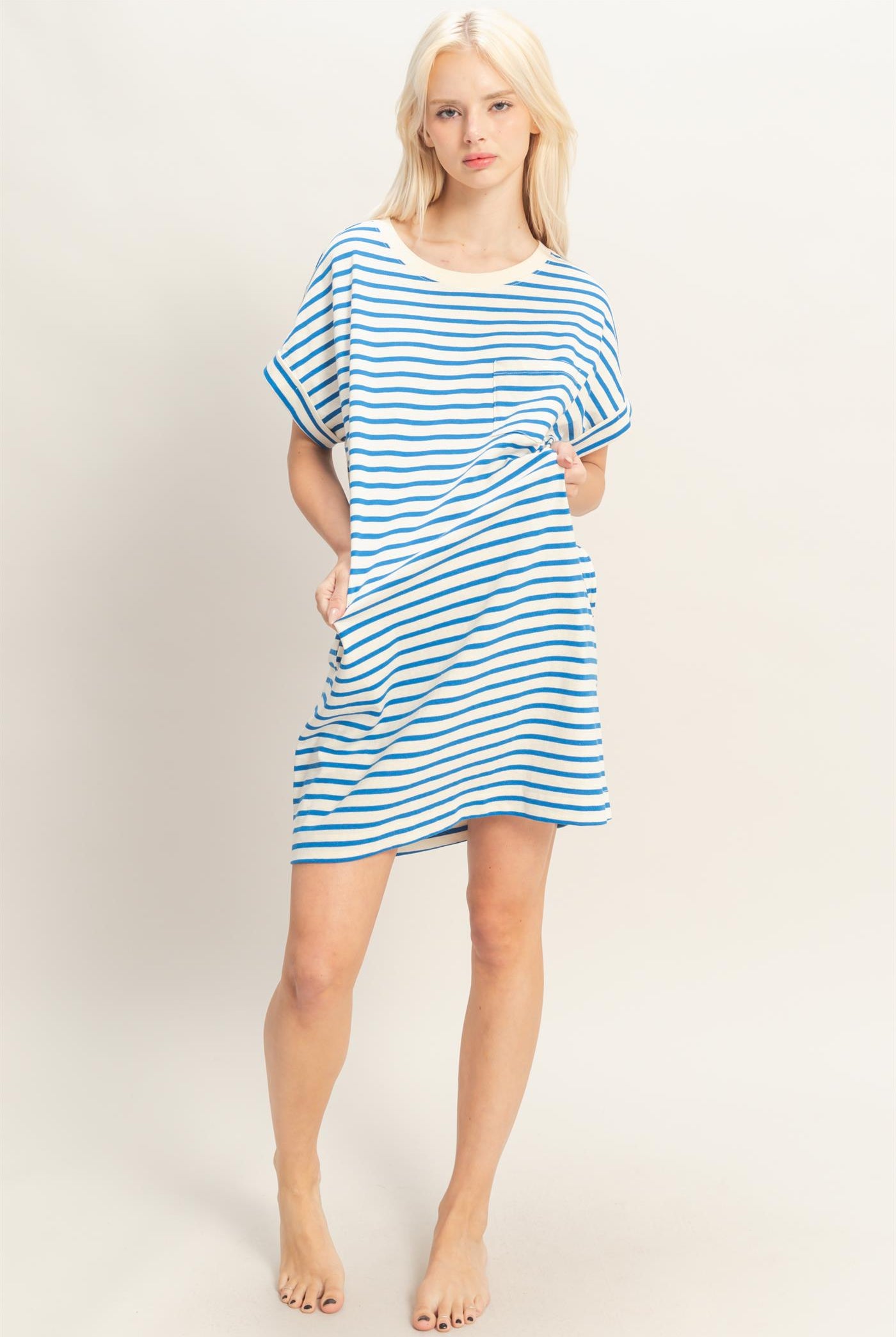 Wholesale Striped T-Shirt Mini Dress Dresses DZ26C067 BLUE DOUBLE ZERO
