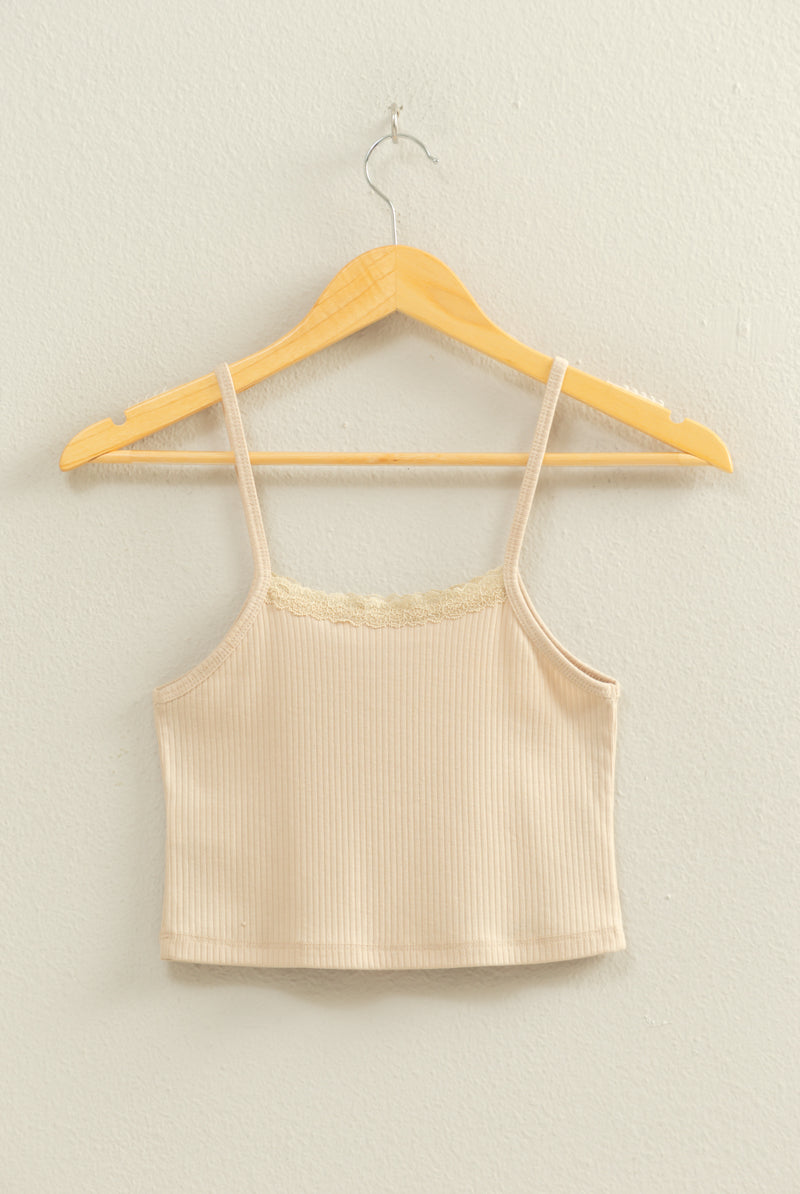 Wholesale Ribbed Lace Detail Cami Crop Top Clothing Tops DZ22C573 KHAKI DOUBLE ZERO