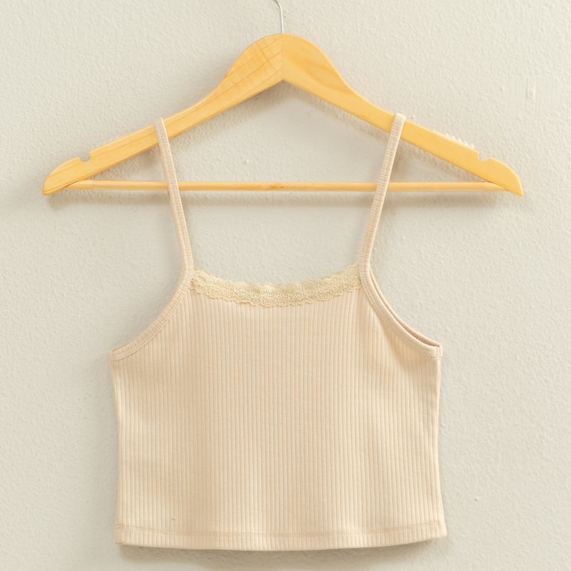Wholesale Ribbed Lace Detail Cami Crop Top Clothing Tops DZ22C573 KHAKI DOUBLE ZERO