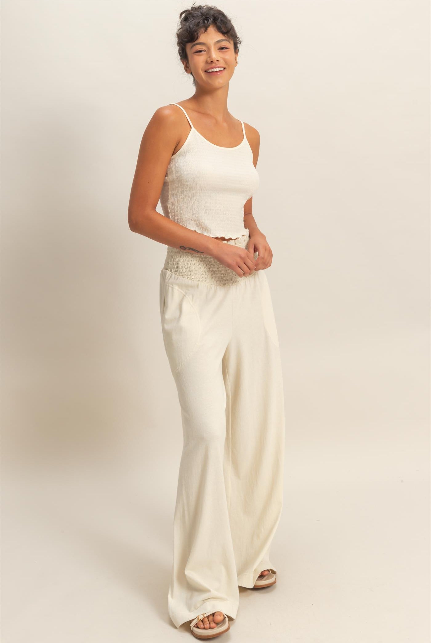 Wholesale Mineral Washed Wide-Leg Smocked Waist Pants Pants DZ26A249 ALPACA DOUBLE ZERO