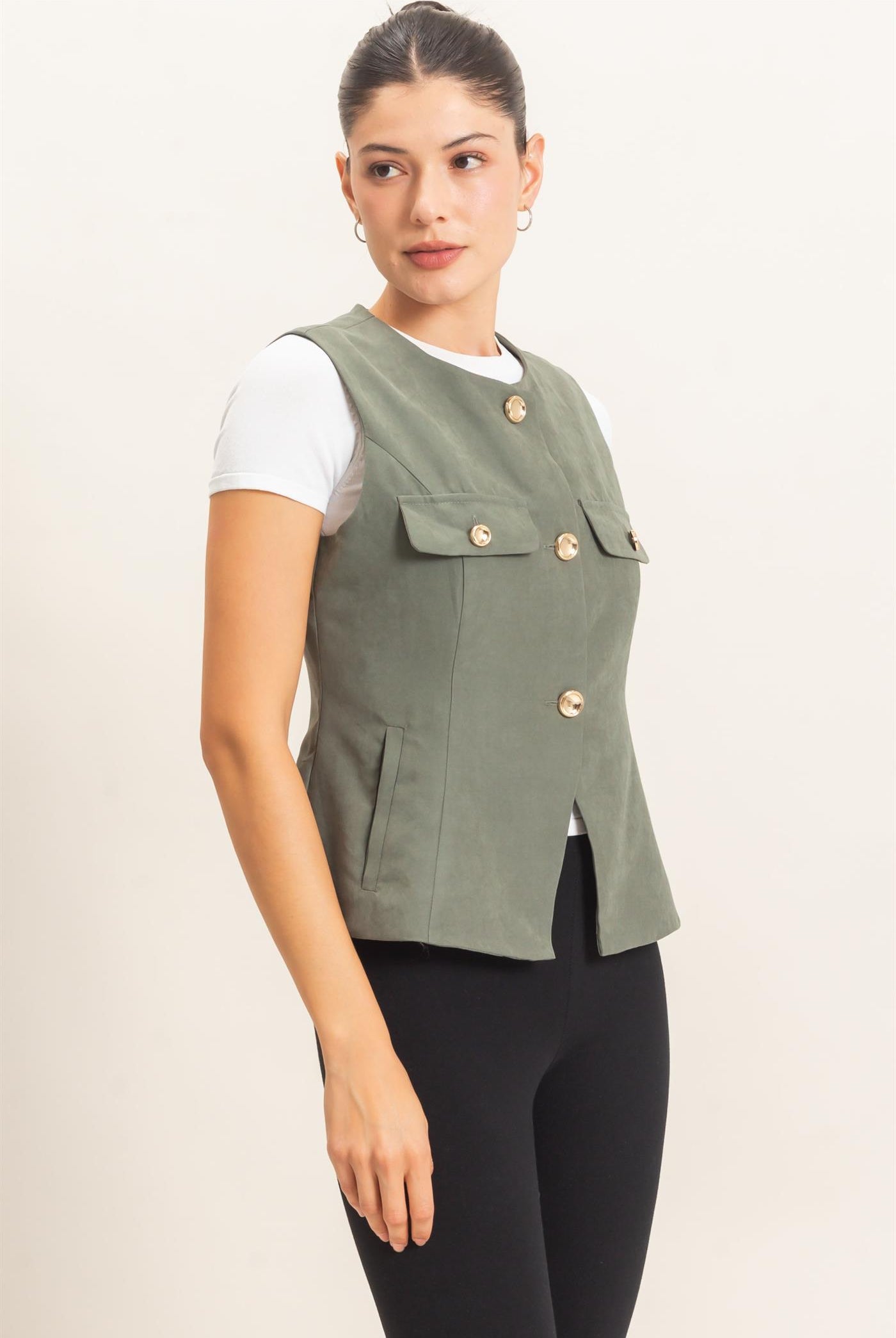 Wholesale Buttoned Sleeveless Utility Vest Vests HF26E929 FOREST GREEN HYFVE