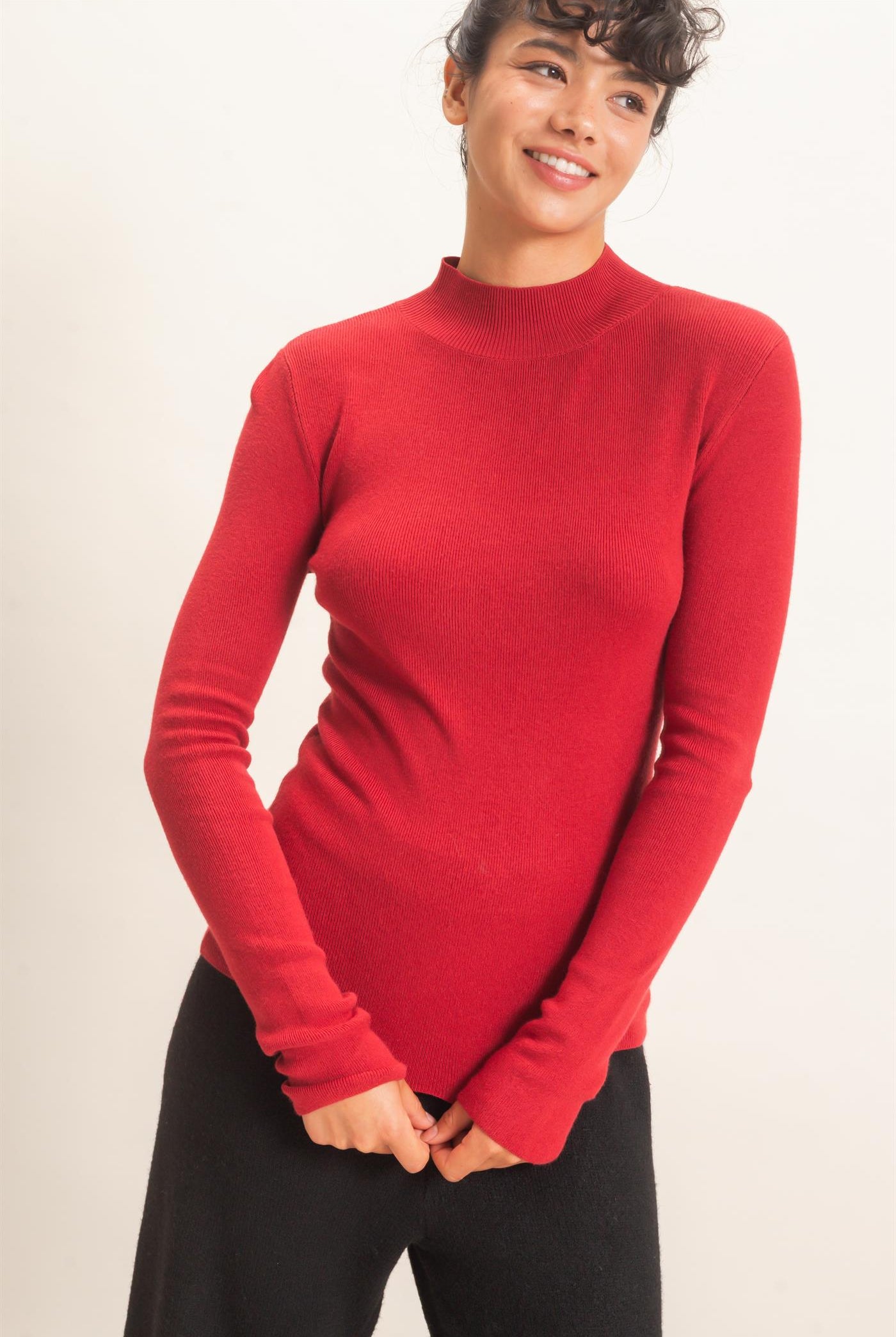 Wholesale Ribbed Mock Neck Long Sleeve Knit Top Clothing Tops DZ26F201 DARK RED DOUBLE ZERO