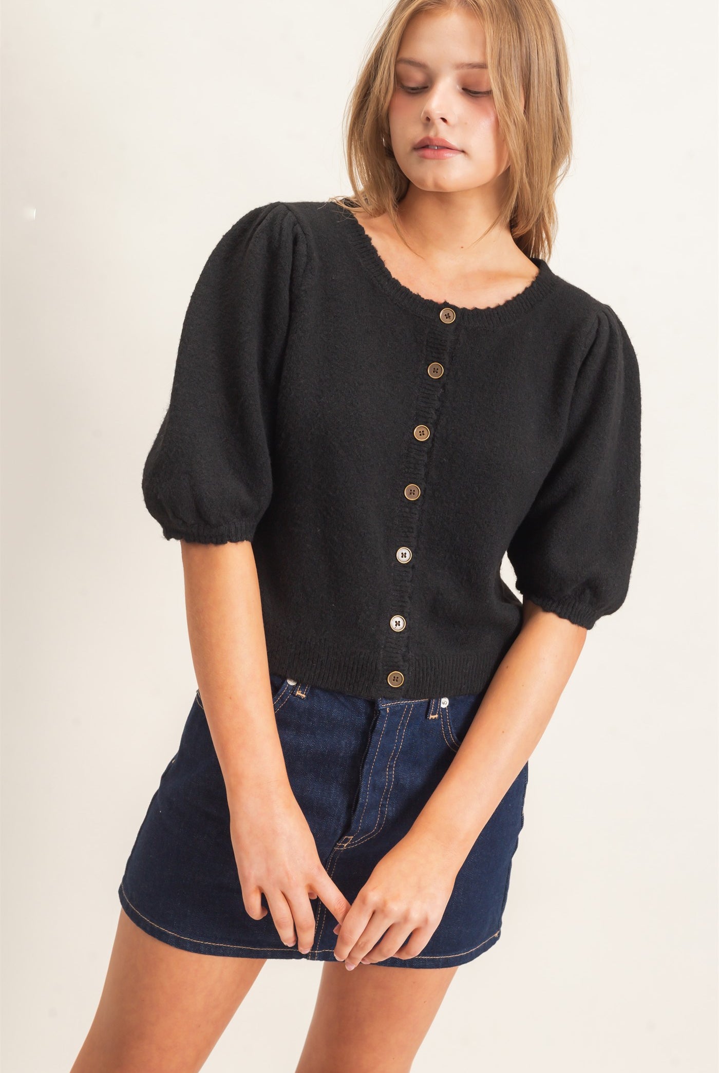 Wholesale Button-Up Puff Sleeve Sweater Cardigan Cardigans HF26E165 BLACK HYFVE