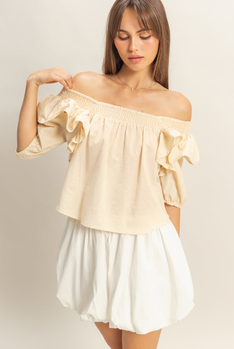 Wholesale Ruffled Short Sleeve Top Clothing Tops HF22C757 SAND HYFVE