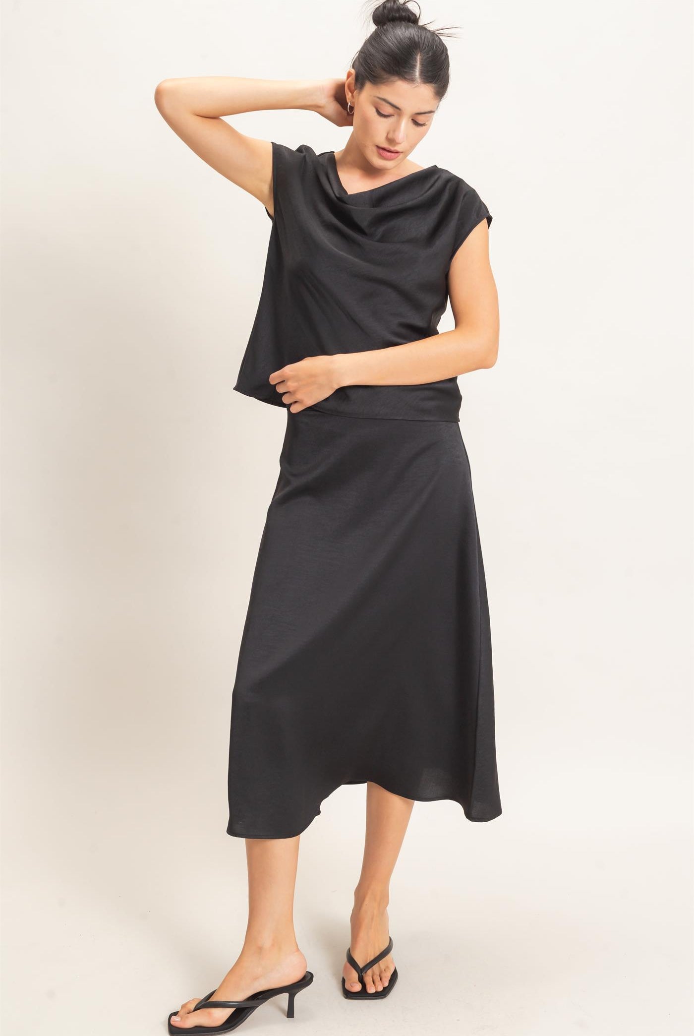 Wholesale Satin Cowl Neck Top And Skirt Set Clothing HF26C690-SET BLACK HYFVE