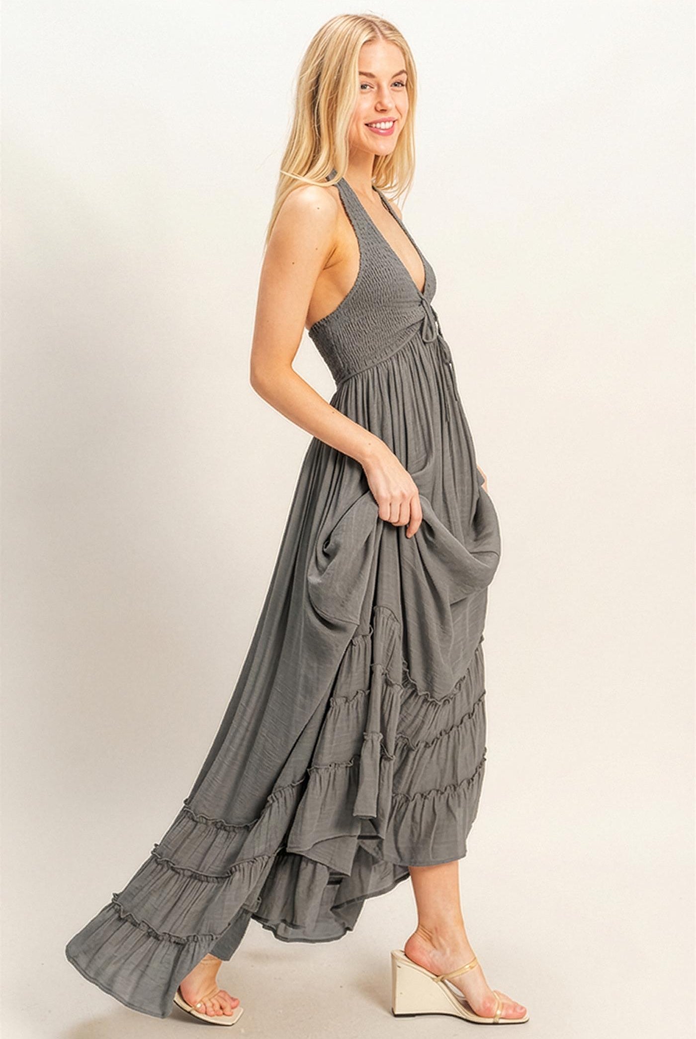 Wholesale Halter Neck Smocked Maxi Dress Dresses HF26C287-D LIGHT GRAY HYFVE