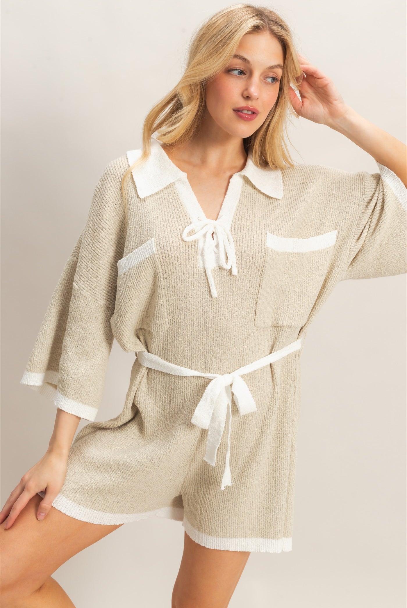 Wholesale Knit Romper With Contrast Tie Clothing HF26A408 SAND HYFVE