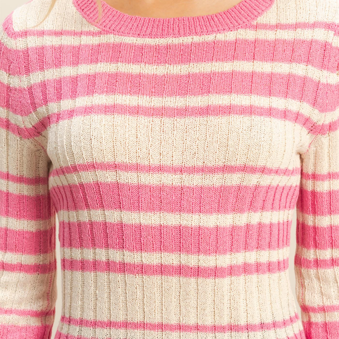 Wholesale Horizontal Striped Crew Neck Sweater Clothing Tops HF25E811 PINK HYFVE