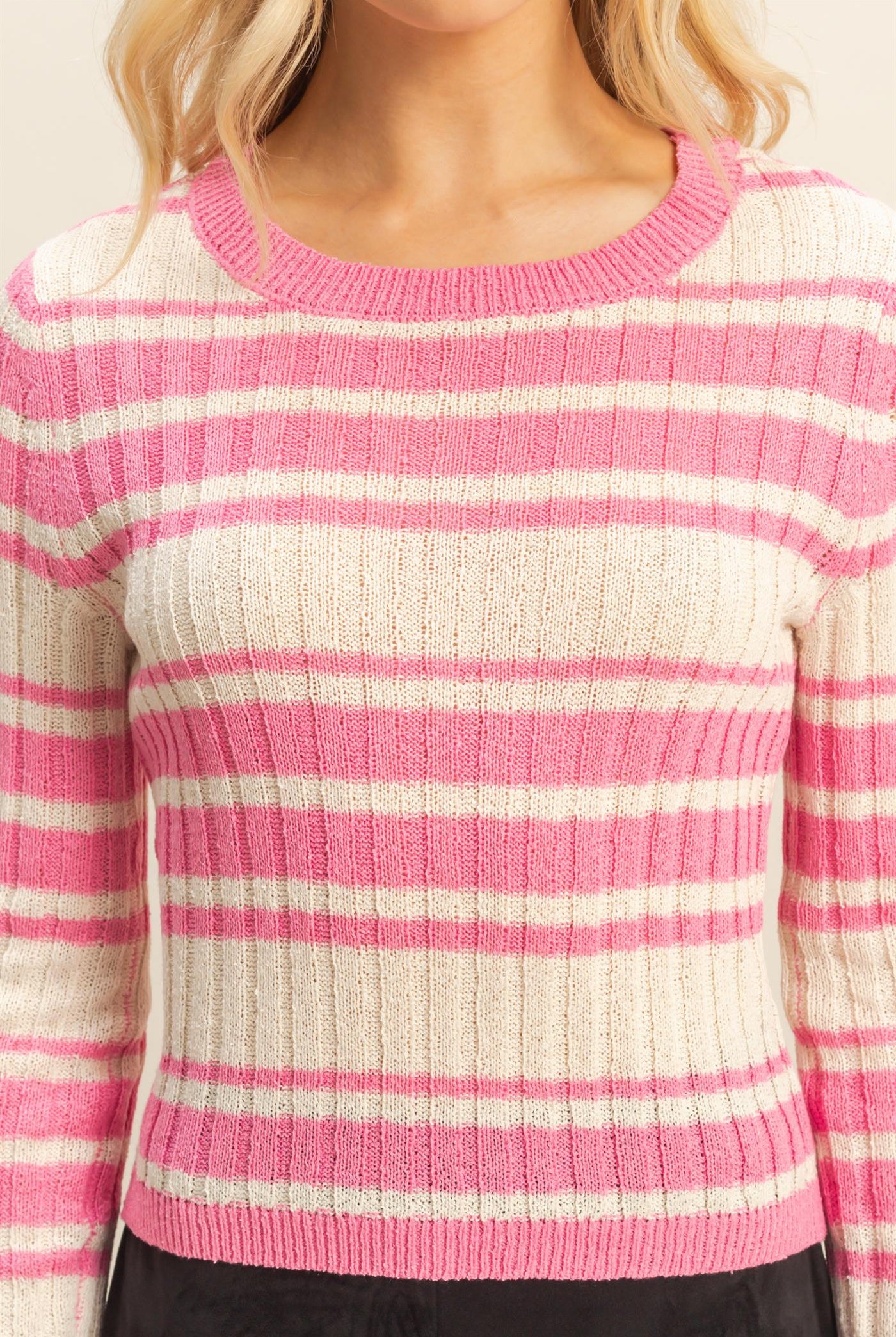 Wholesale Horizontal Striped Crew Neck Sweater Clothing Tops HF25E811 PINK HYFVE