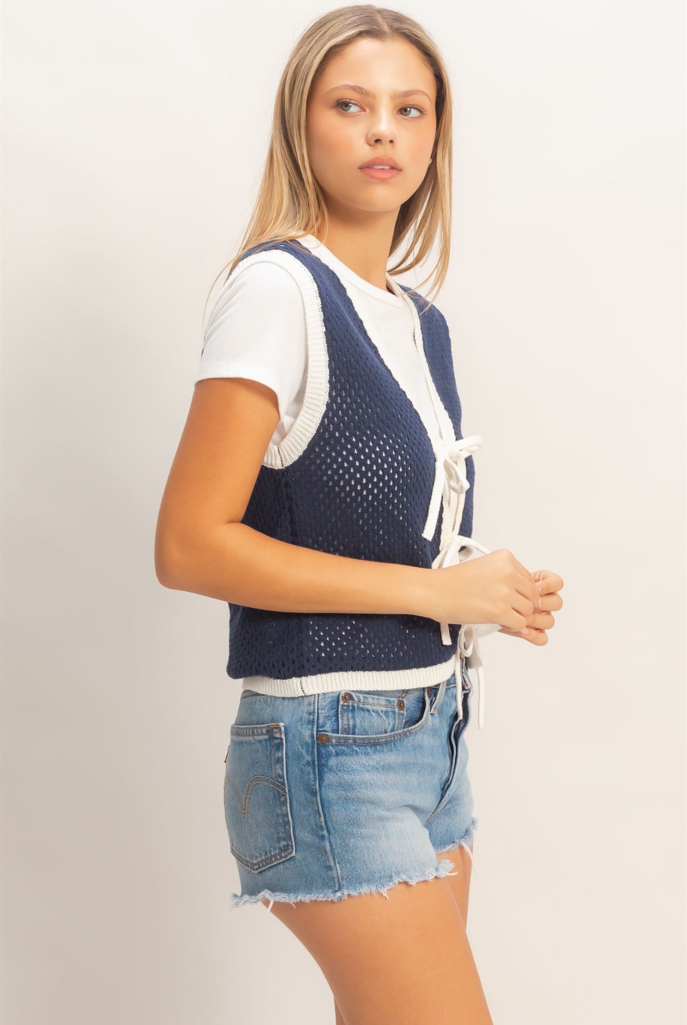 Wholesale Knit Vest With Tie Closure Sweaters HF26A238 NAVY/IVORY HYFVE