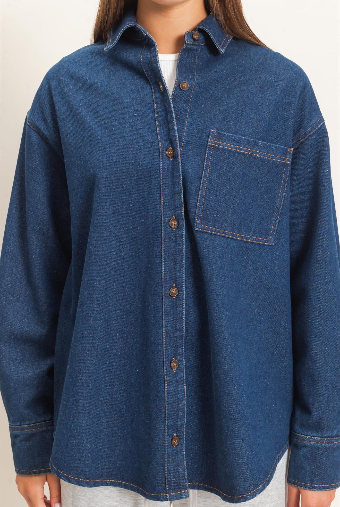 Wholesale Denim Button-Up Collar Shirt Clothing Tops DZ26F410 DARK BLUE DOUBLE ZERO