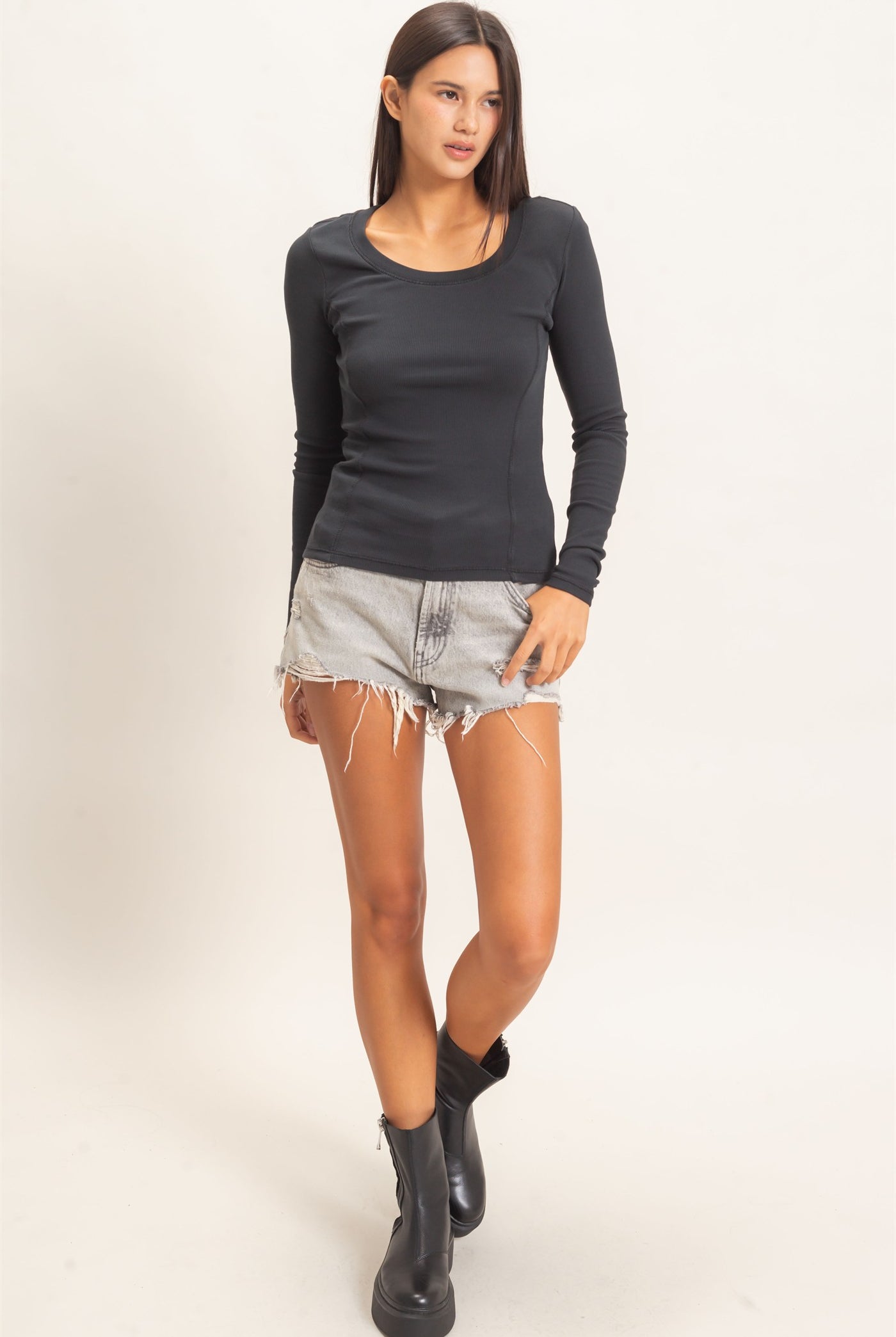 Wholesale Pigment Dye Seam Detail Scoop Neck Top Clothing Tops DZ26E242 BLACK DOUBLE ZERO
