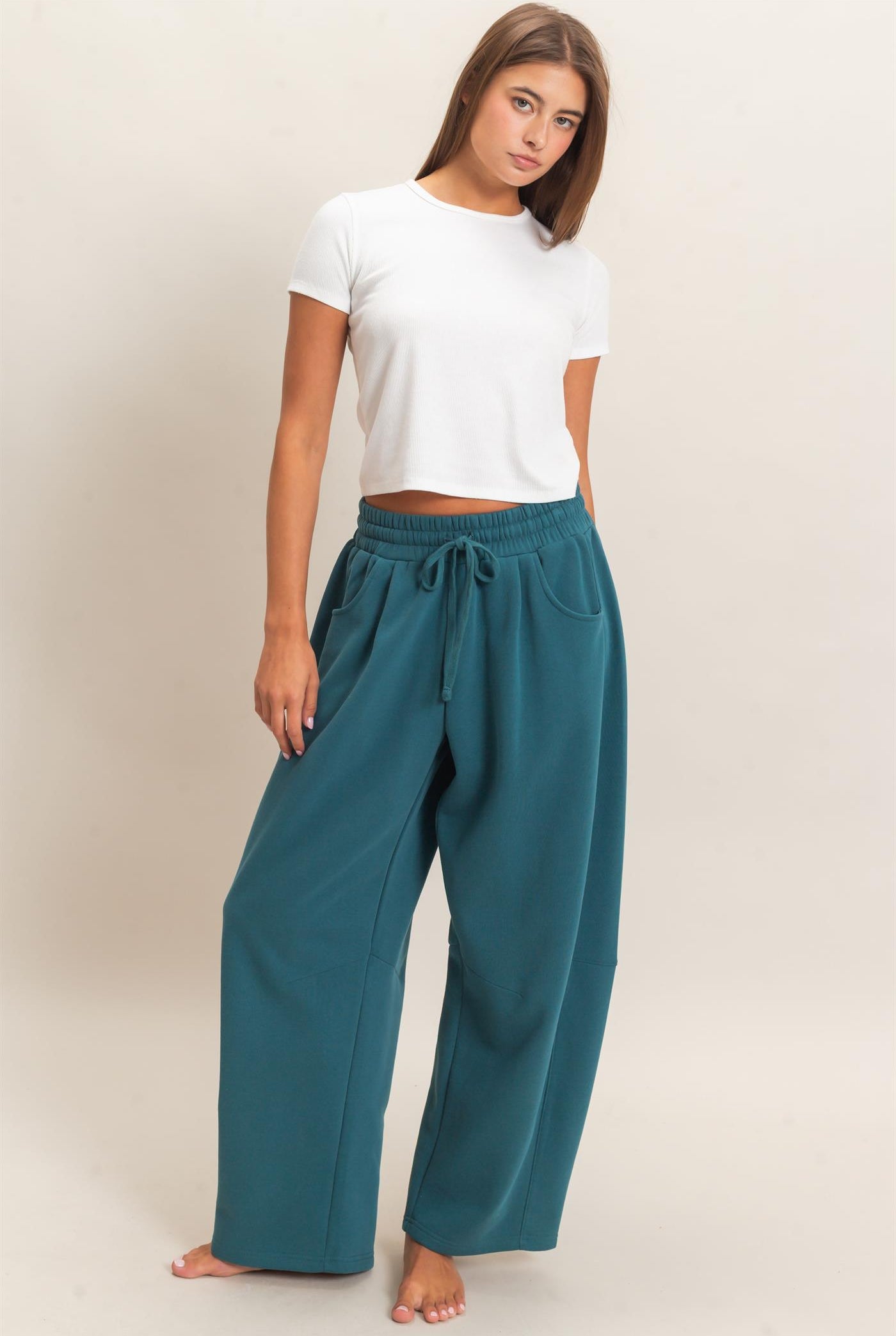 Wholesale Drawstring Waist Barrel Sweatpants Pants DZ26E290 DARK TEAL DOUBLE ZERO