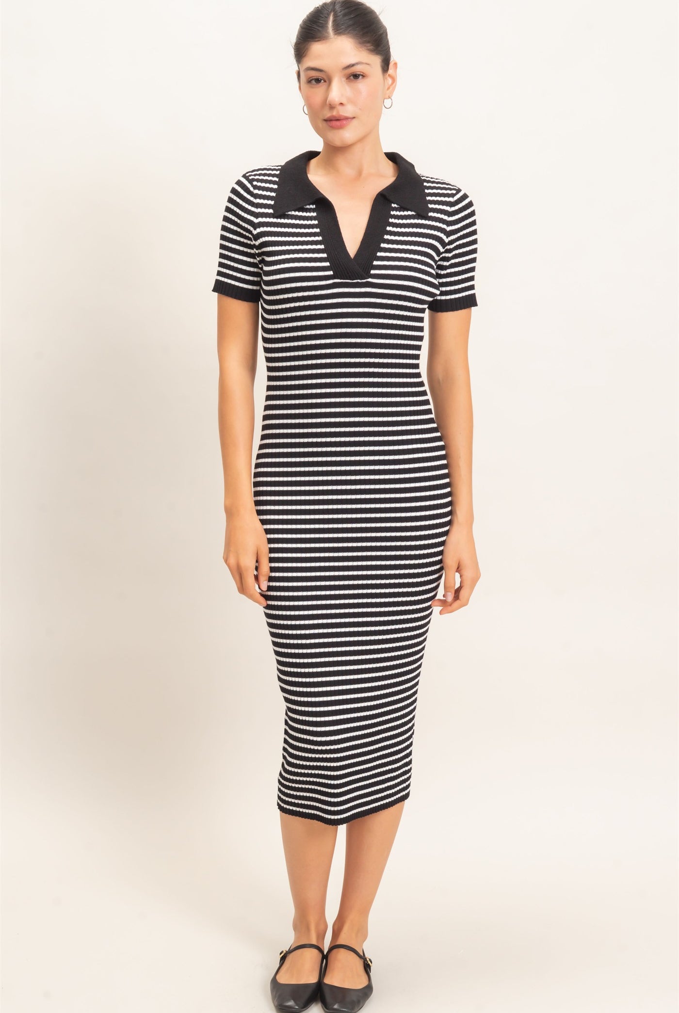 Wholesale Ribbed Collared Midi Dress Dresses HF26E216 BLACK HYFVE