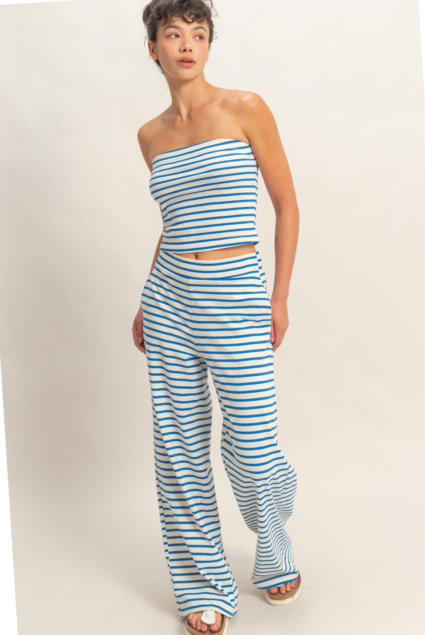 Wholesale Striped Jersey Tube Top And Pants Set Clothing DZ26C621-SET BLUE DOUBLE ZERO