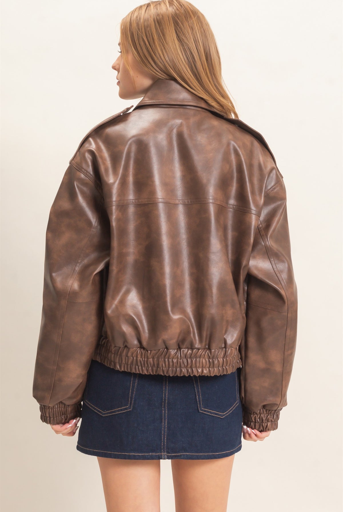 Wholesale Faux Leather Collared Bomber Jacket Bomber Jackets HF26C847 BROWN HYFVE
