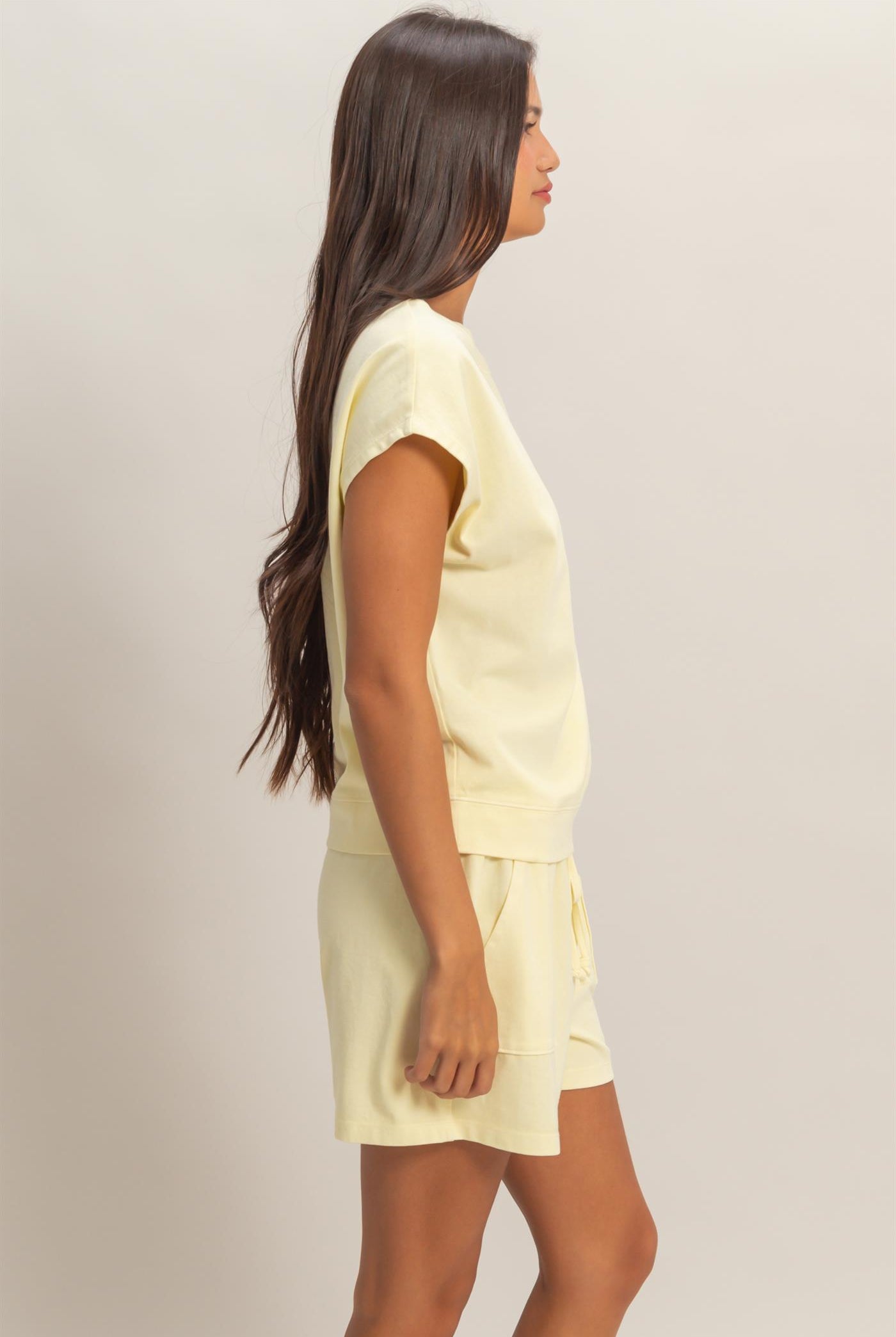 Wholesale Sleeveless Crew Neck Top and Shorts Set Clothing DZ26A028-SET PALE YELLOW DOUBLE ZERO