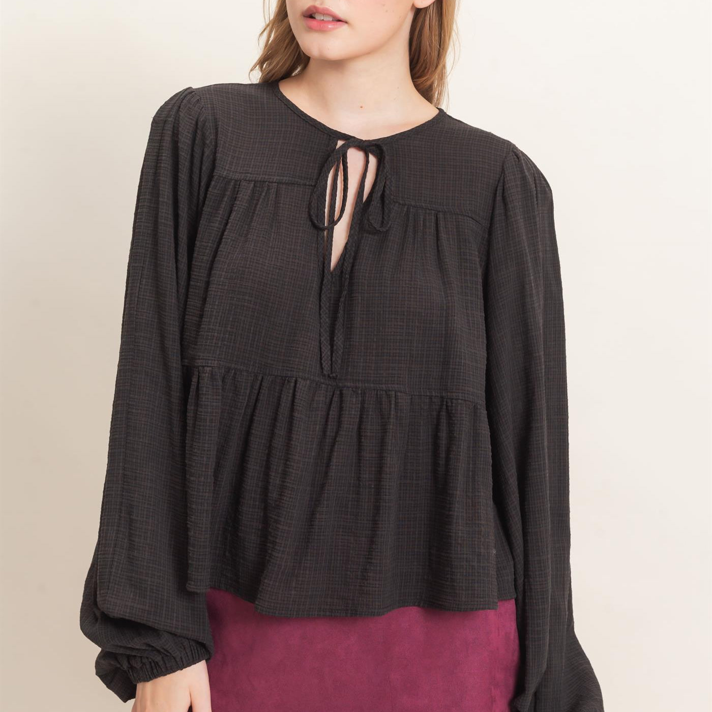Wholesale Tie Front Peplum Blouse Blouses HF26F065 BLACK HYFVE