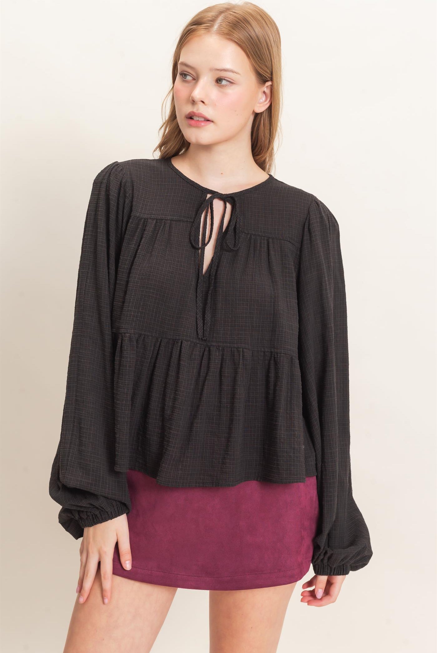Wholesale Tie Front Peplum Blouse Blouses HF26F065 BLACK HYFVE