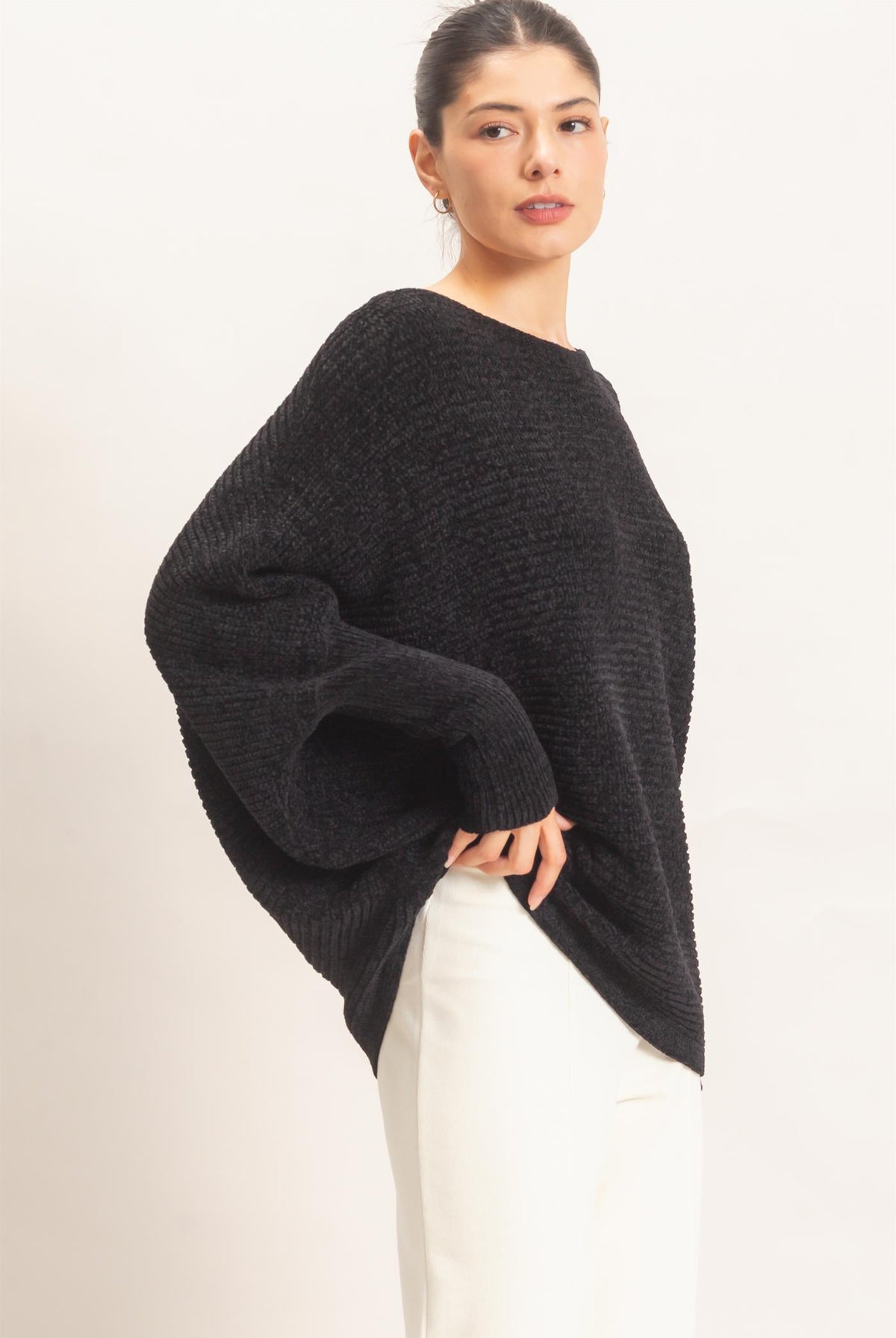 Wholesale Chenille Boat Neck Dolman Sleeve Sweater Sweaters HF26F185 BLACK HYFVE