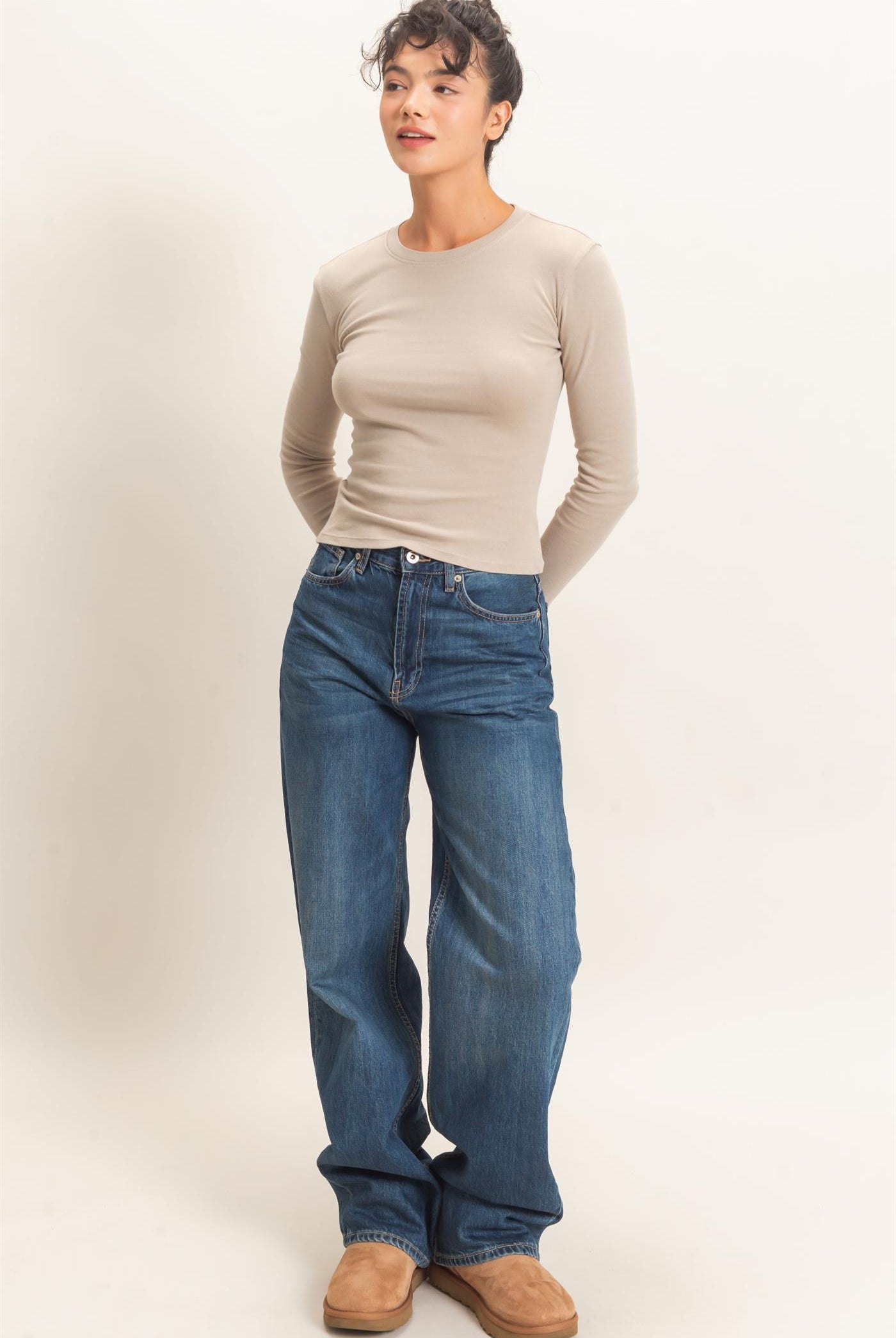 Wholesale Crew Neck Long Sleeve Top Clothing Tops DZ26E184 WARM GRAY DOUBLE ZERO