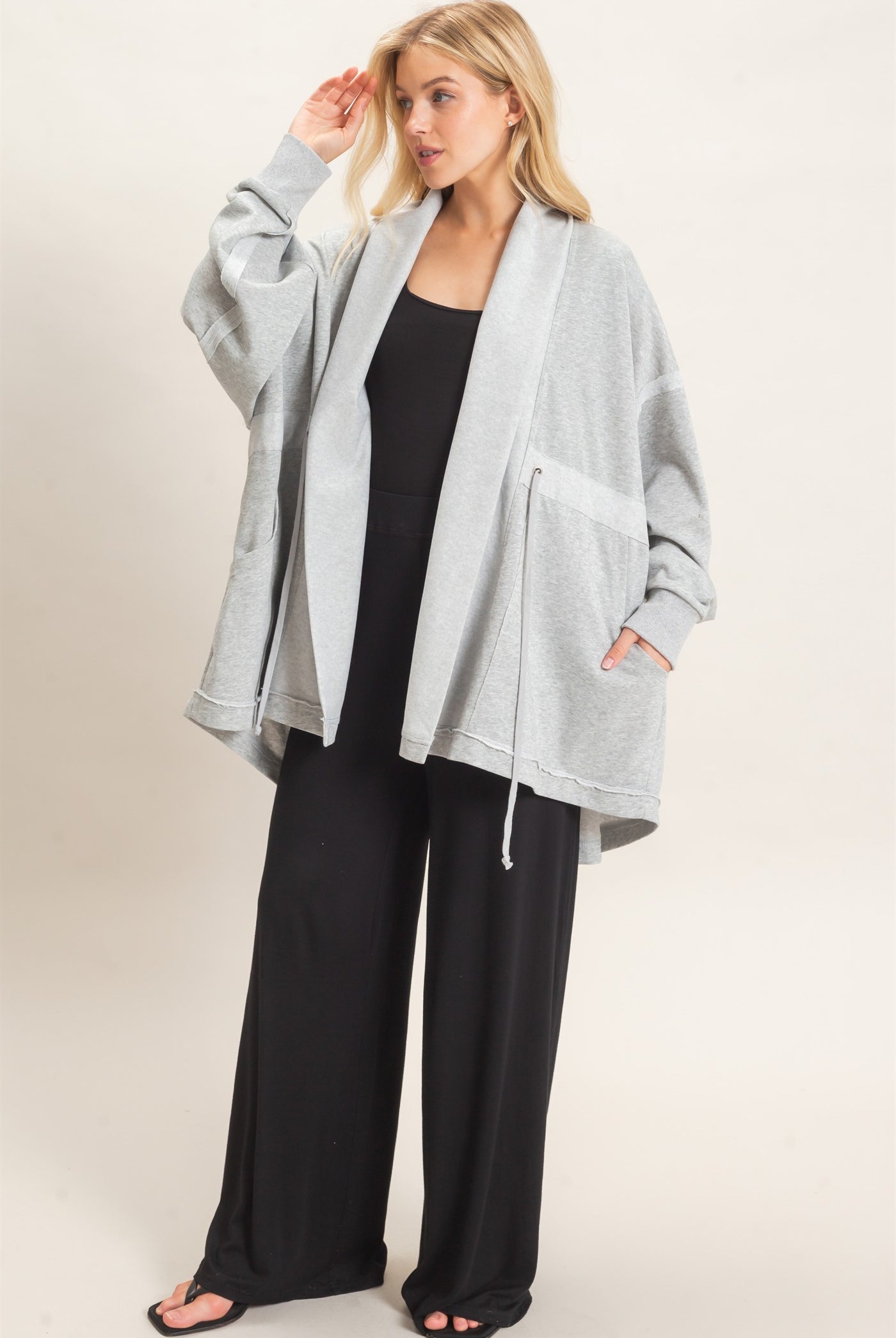 Wholesale Open Front Tie Waist Cardigan Cardigans HF26C778 HEATHER GRAY HYFVE