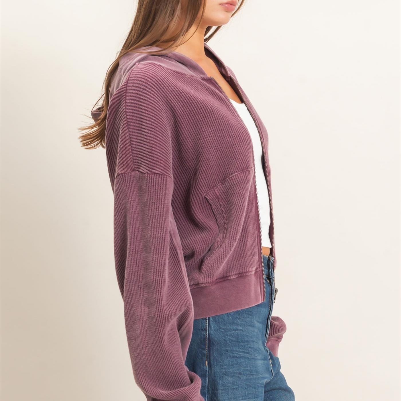 Wholesale Acid Wash Waffle Knit Zip-Up Hoodie Hoodies DZ26E401 DARK CHERRY DOUBLE ZERO