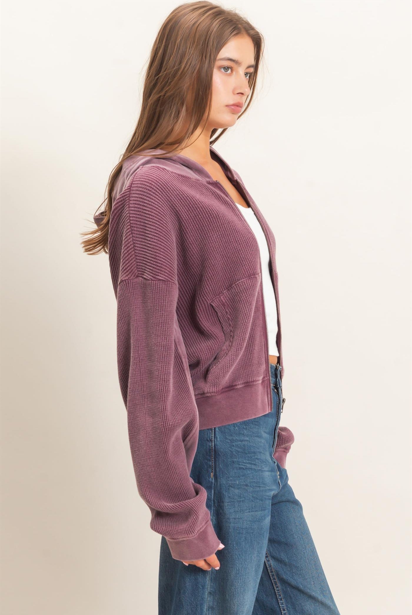 Wholesale Acid Wash Waffle Knit Zip-Up Hoodie Hoodies DZ26E401 DARK CHERRY DOUBLE ZERO