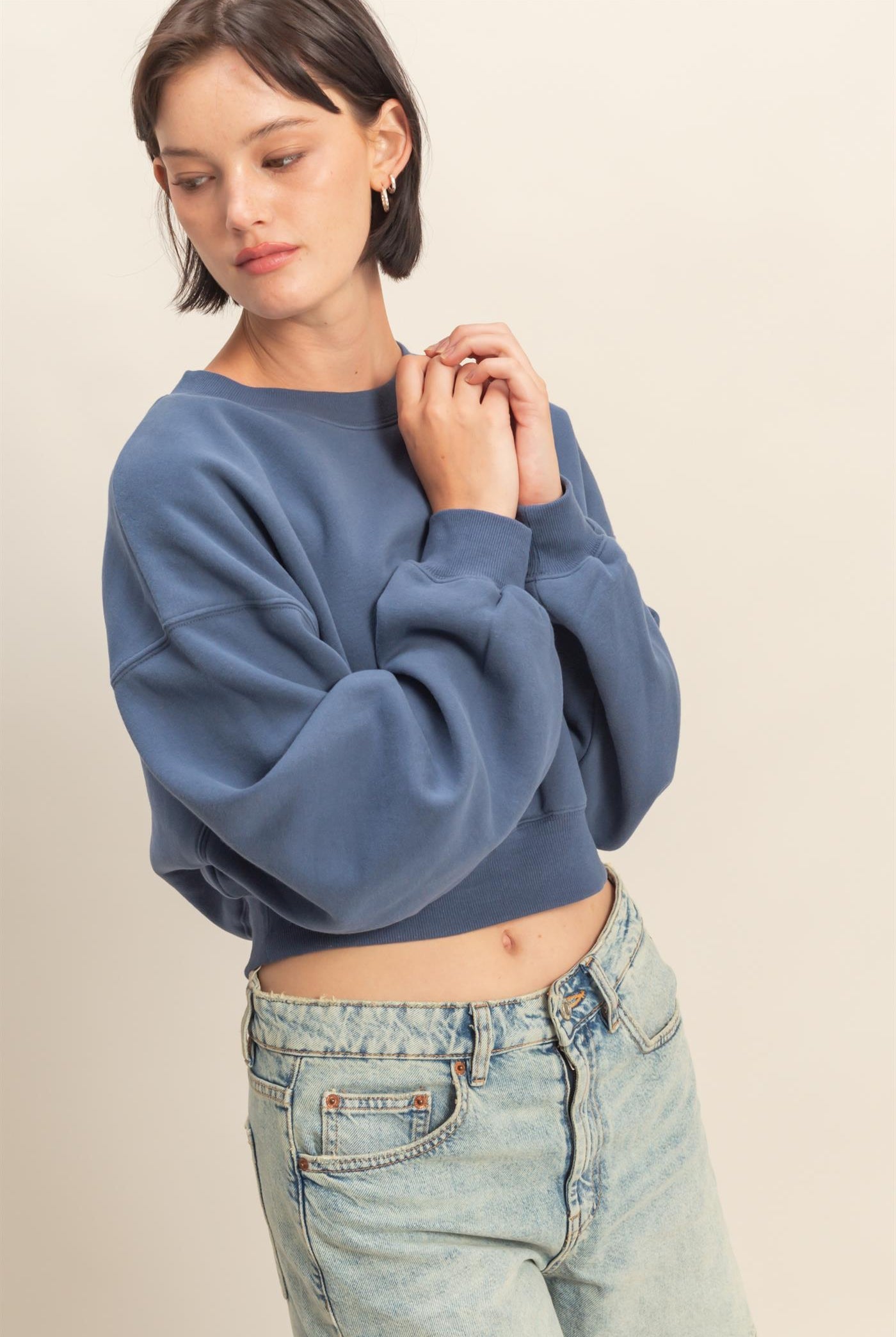 Wholesale Everyday Long Sleeve Cropped Sweatshirt Sweatshirts DZ25E415 DUSTY NAVY DOUBLE ZERO