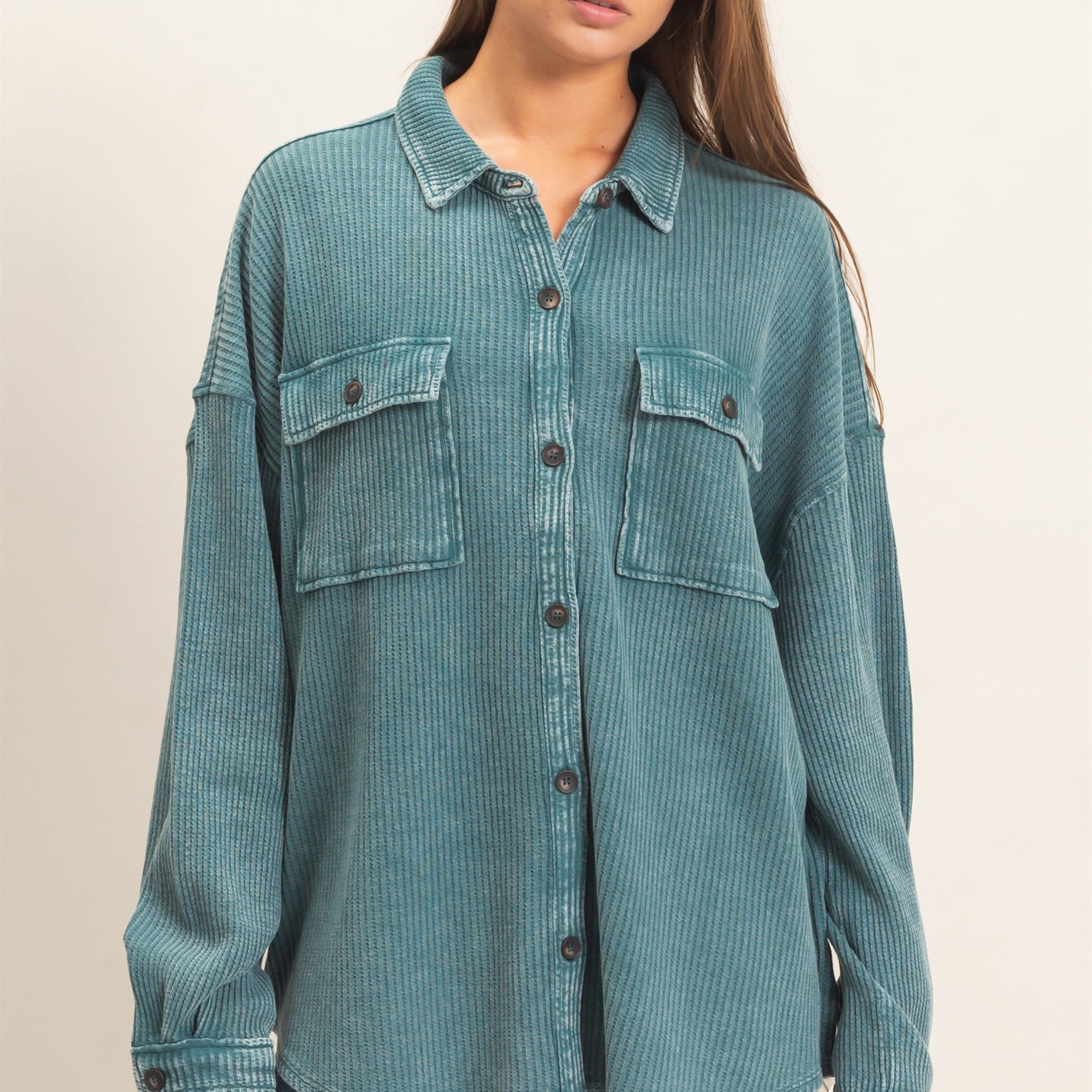 Wholesale Mineral Wash Waffle Knit Button-Up Shacket Coats & Jackets DZ26E249 DARK TEAL DOUBLE ZERO